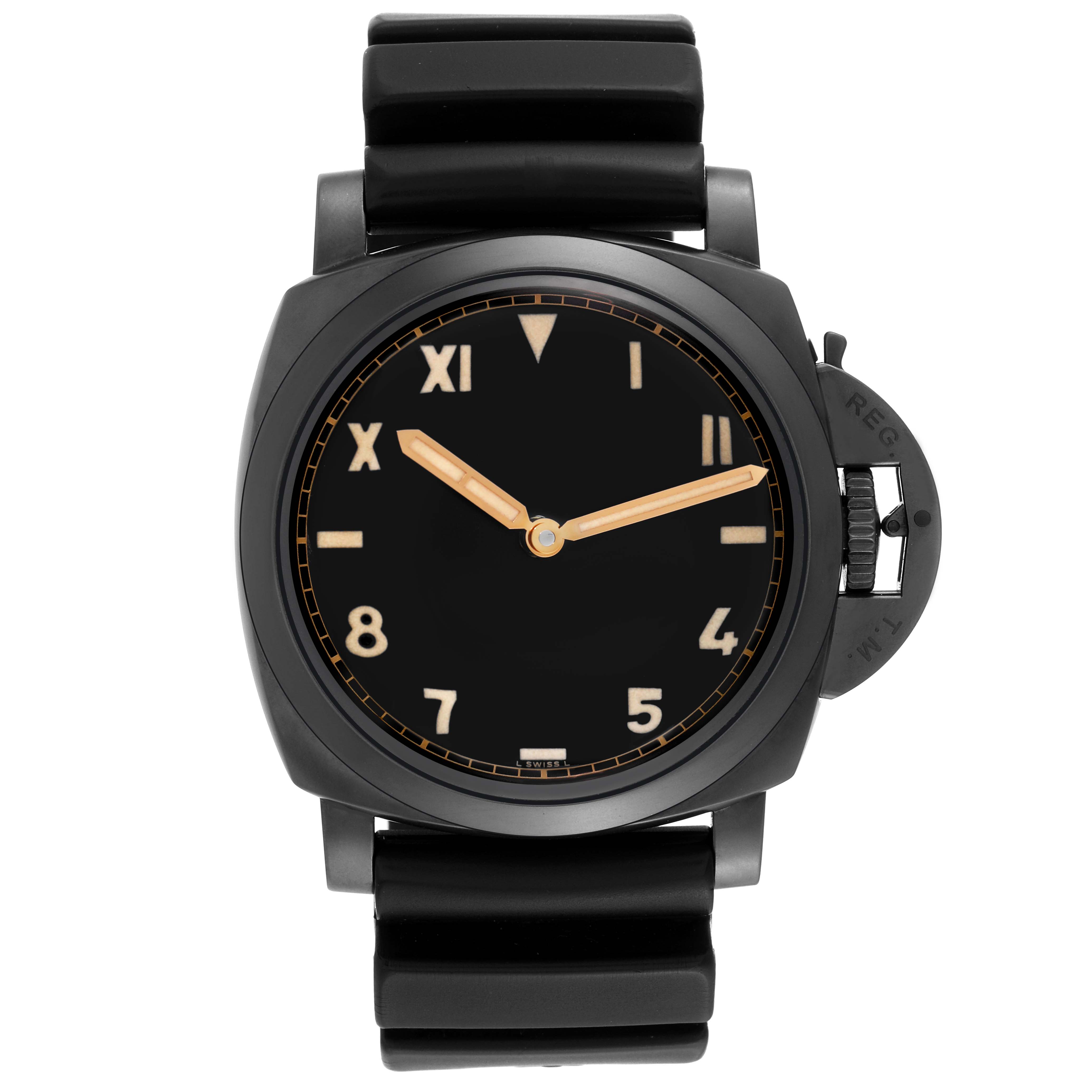 This image shows the Panerai Luminor PAM00629 Men's Titanium Black Dial PAM00629 Men's Titanium Black Dial watch from a front angle, highlighting its face, case, and strap.
