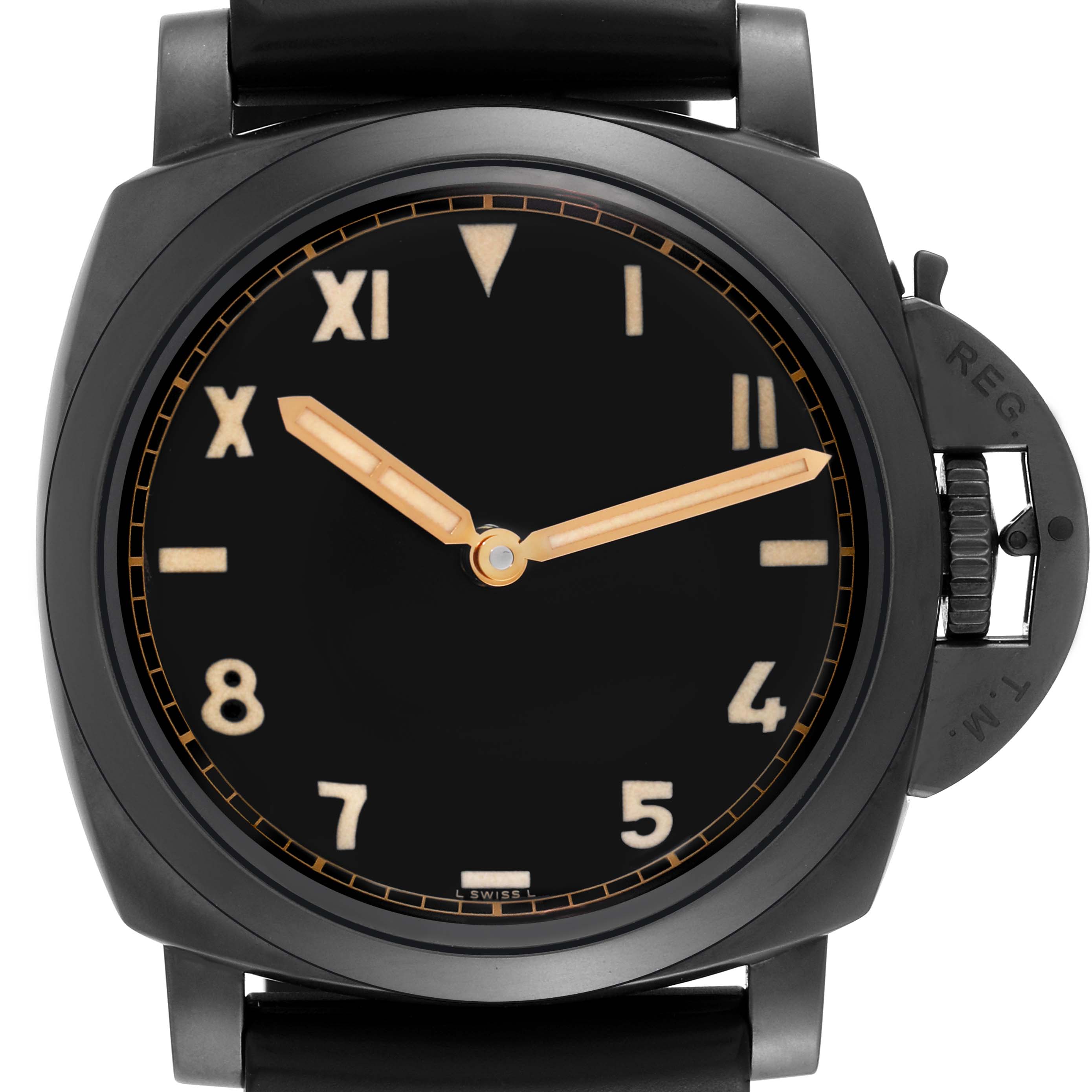 This is a front view of the Panerai Luminor PAM00629 Men's Titanium Black Dial PAM00629 Men's Titanium Black Dial watch, showing the dial, hands, and crown guard.