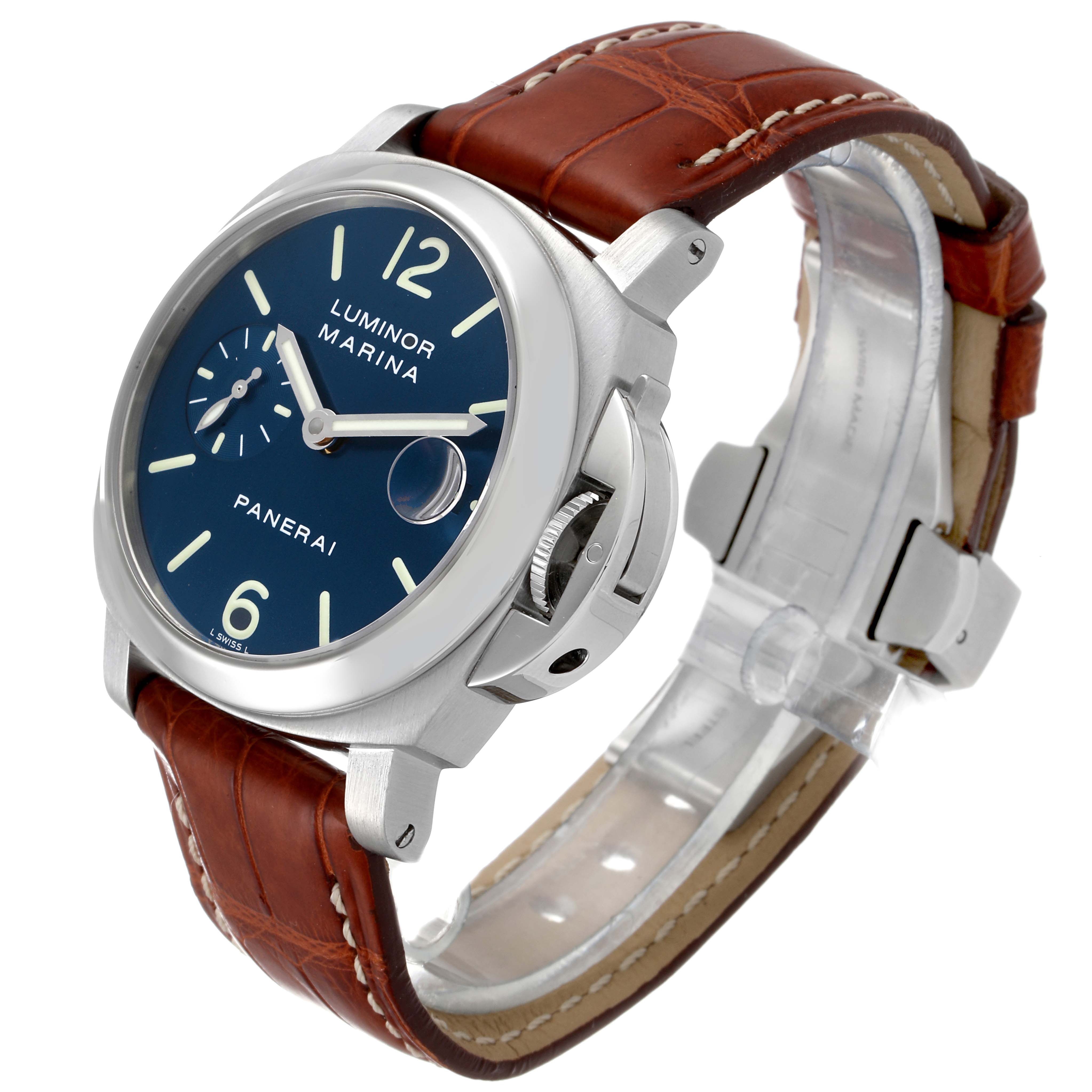 The image shows a Panerai Luminor PAM00119 Men's Stainless Steel Blue Dial PAM00119 Men's Stainless Steel Blue Dial watch at a slight angle, highlighting its blue dial, brown leather strap, and crown protector.