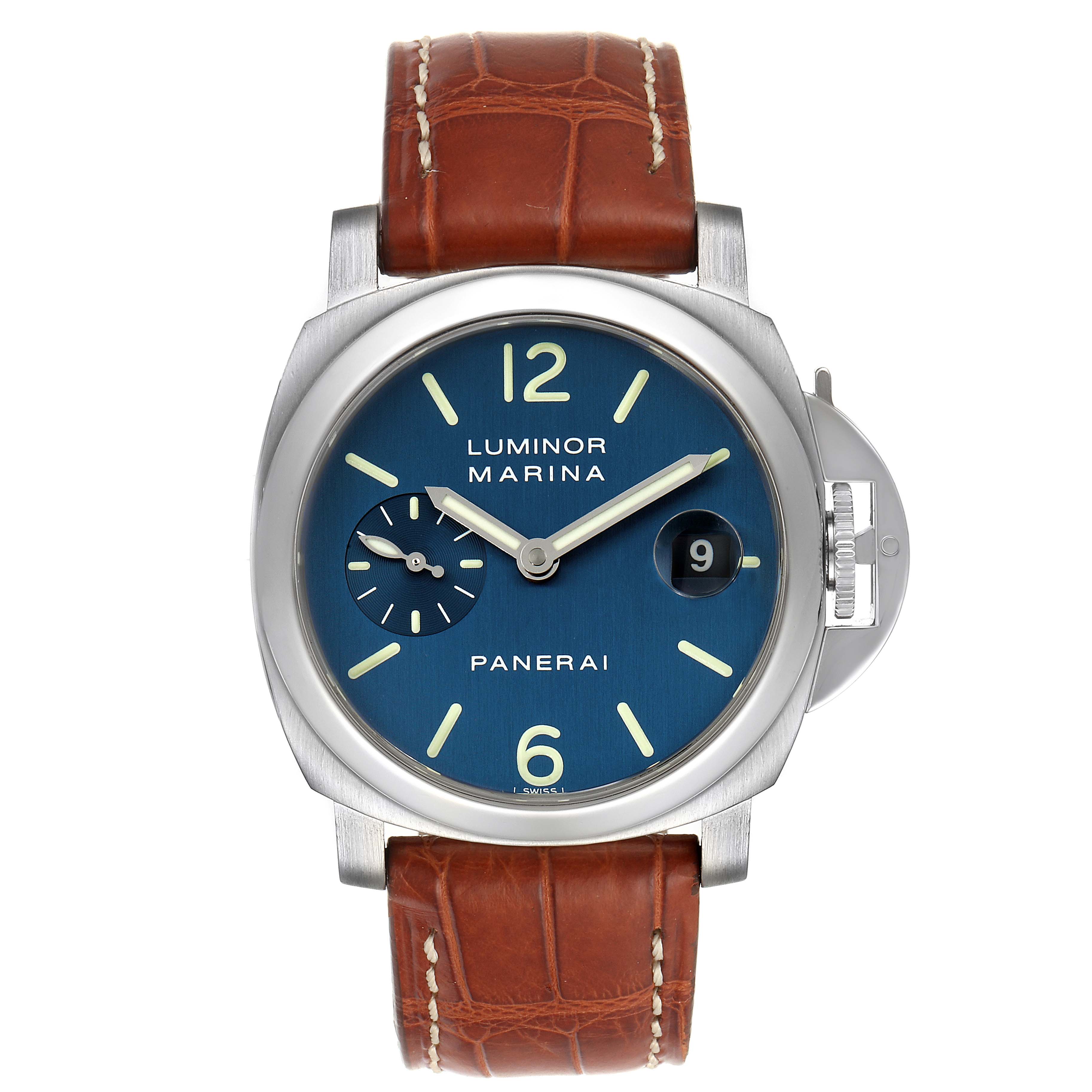 The image shows a front view of a Panerai Luminor PAM00119 Men's Stainless Steel Blue Dial PAM00119 Men's Stainless Steel Blue Dial watch with a brown leather strap and blue dial.