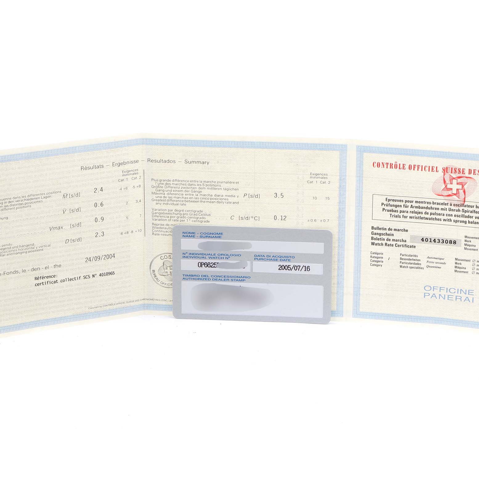 The image shows documentation and certification papers for the Panerai Luminor PAM00119 Men's Stainless Steel Blue Dial PAM00119 Men's Stainless Steel Blue Dial model, including a warranty card and official chronometer certificate.