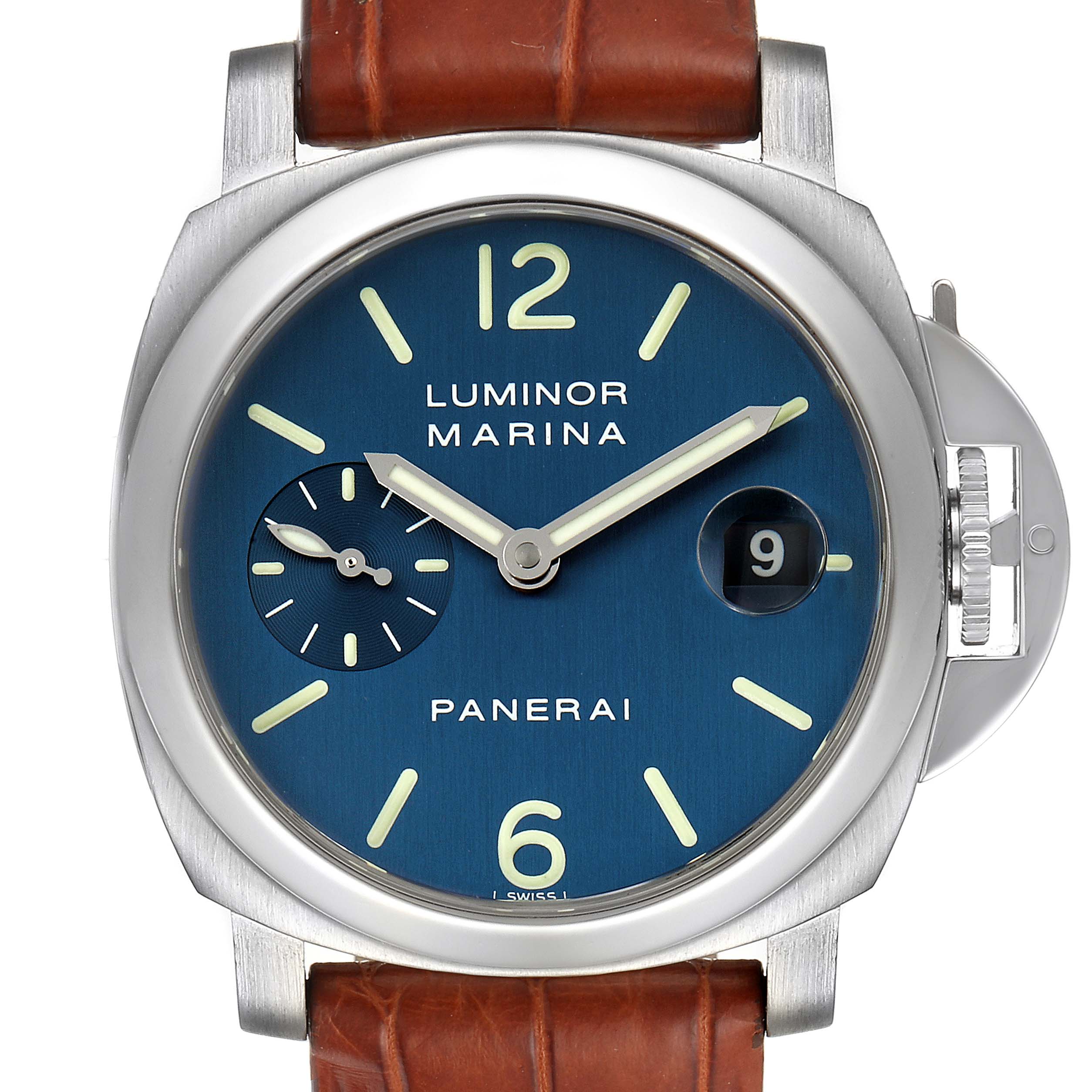 This image shows a front view of the Panerai Luminor PAM00119 Men's Stainless Steel Blue Dial PAM00119 Men's Stainless Steel Blue Dial Marina watch, highlighting its blue dial, date window, and leather strap.