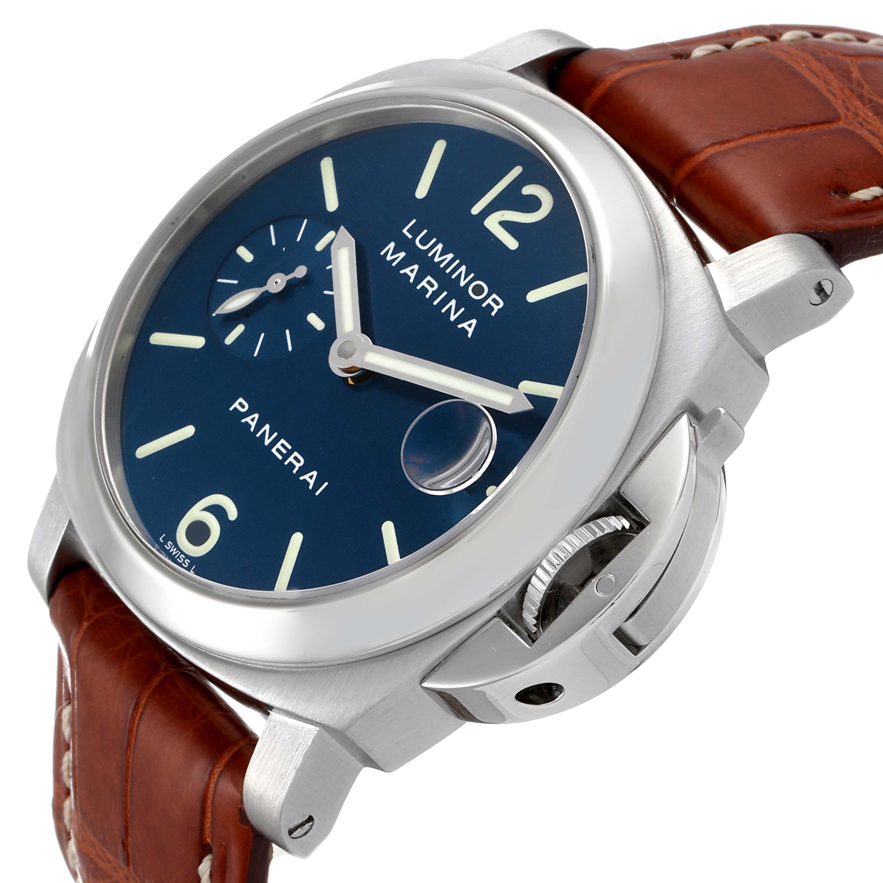 The image shows a Panerai Luminor PAM00119 Men's Stainless Steel Blue Dial PAM00119 Men's Stainless Steel Blue Dial watch from a front-side angle, highlighting the dial, crown guard, and leather strap.
