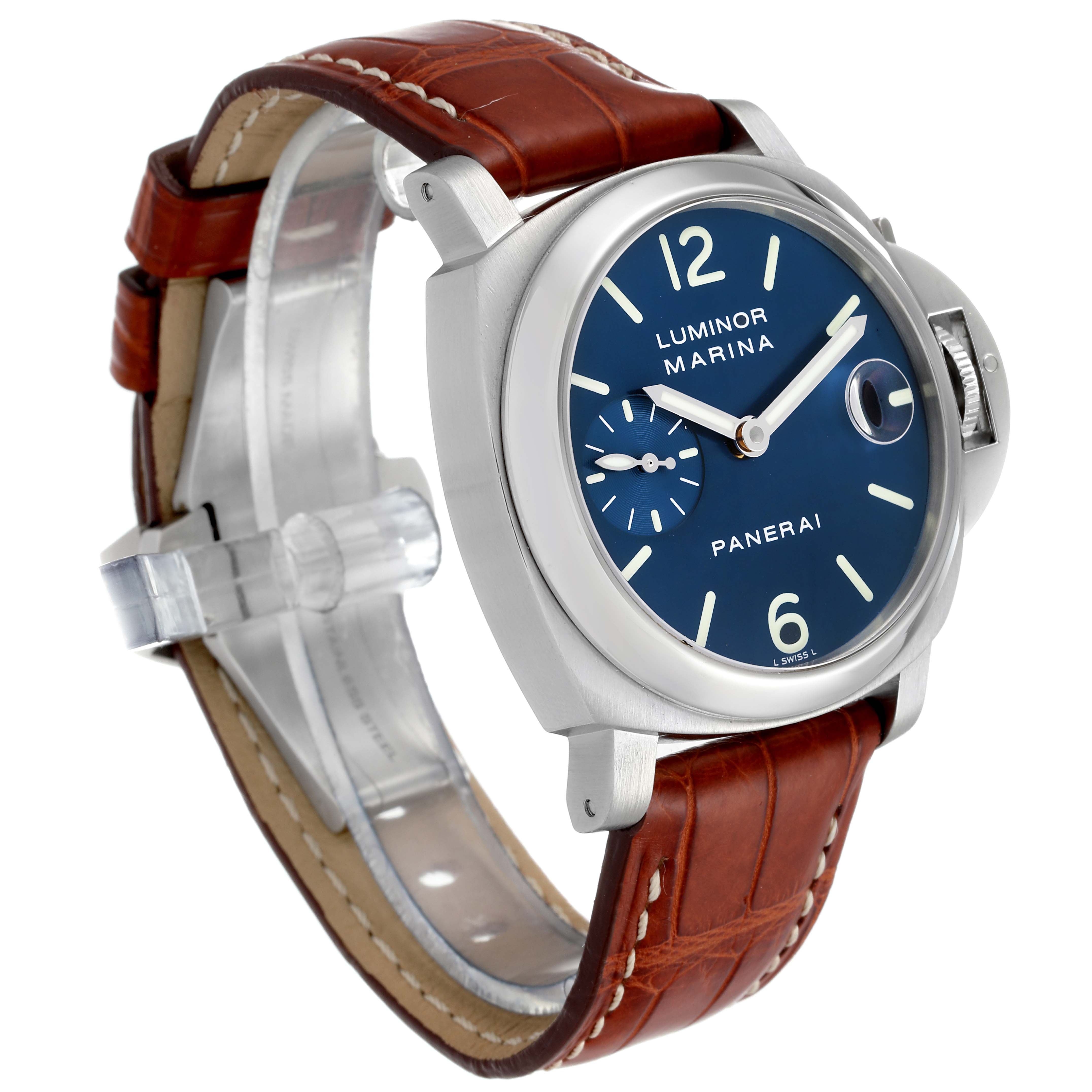 This image shows the Luminor model by Panerai at a three-quarter angle, highlighting the watch face and leather strap.