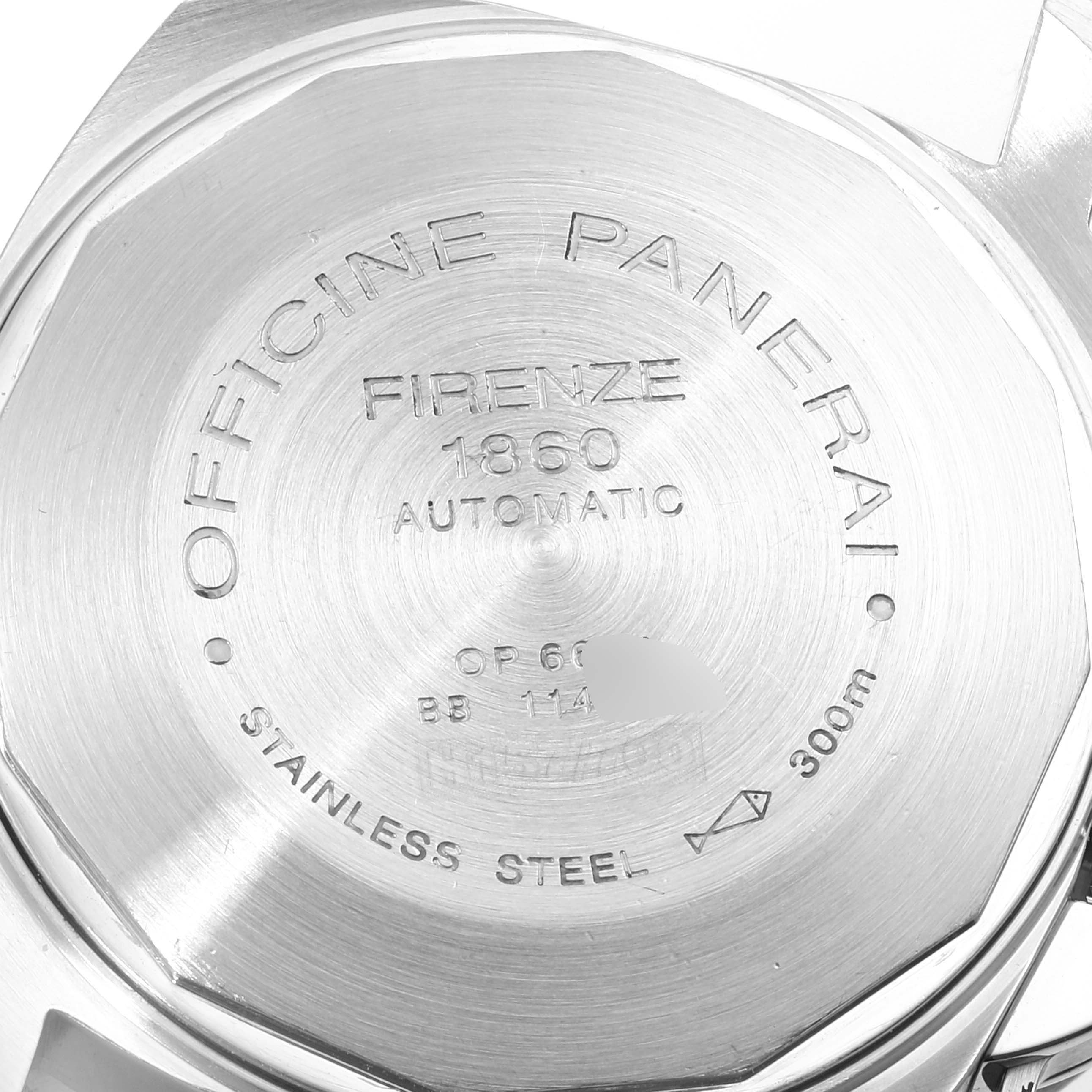 This image shows the back case of a Panerai Luminor PAM00119 Men's Stainless Steel Blue Dial PAM00119 Men's Stainless Steel Blue Dial watch, highlighting its engravings and stainless steel material.