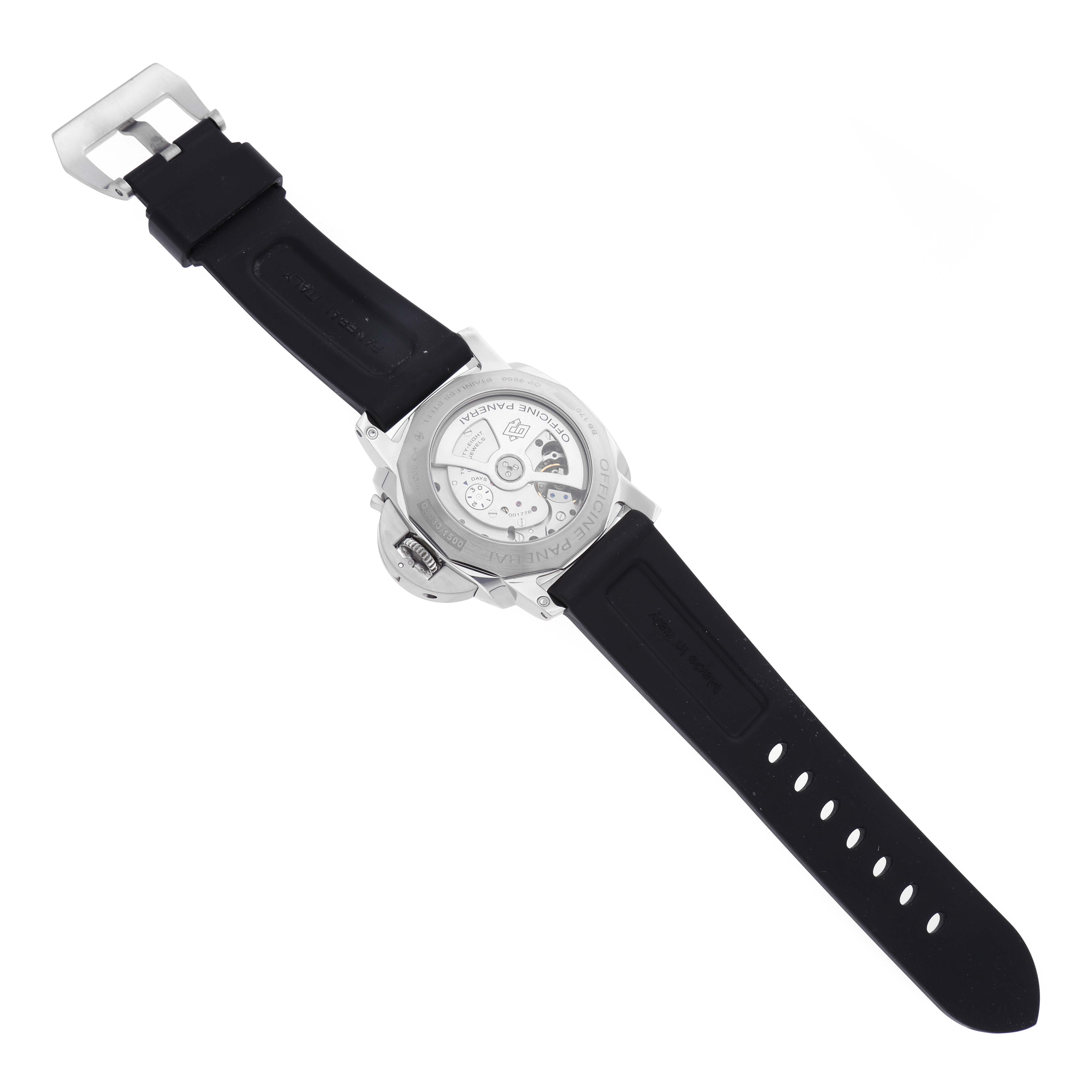 The image shows the back view of a Panerai Luminor PAM00531 Men's Stainless Steel Black Dial PAM00531 Men's Stainless Steel Black Dial watch, displaying its movement and rubber strap.