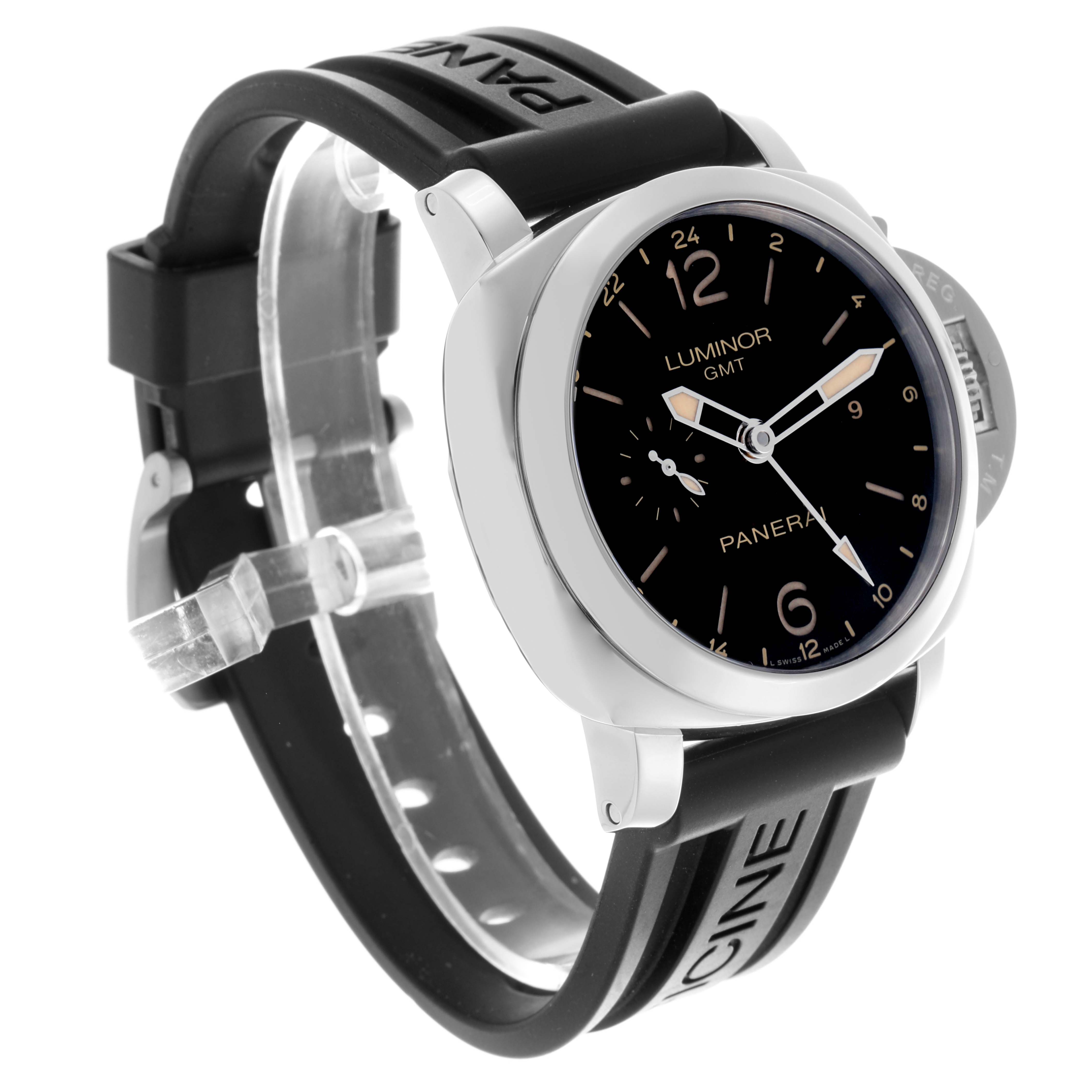 The image shows a Panerai Luminor PAM00531 Men's Stainless Steel Black Dial PAM00531 Men's Stainless Steel Black Dial watch at a three-quarter angle, highlighting the face, strap, and crown guard.