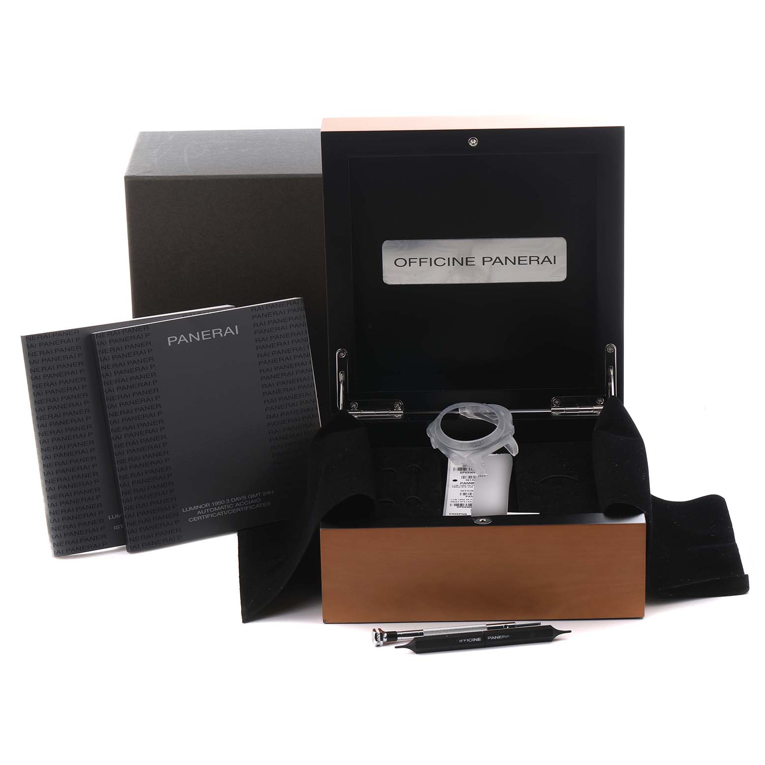 The image shows a Panerai Luminor PAM00531 Men's Stainless Steel Black Dial PAM00531 Men's Stainless Steel Black Dial box set including the watch box, manuals, and a tool, viewed from a frontal angle.