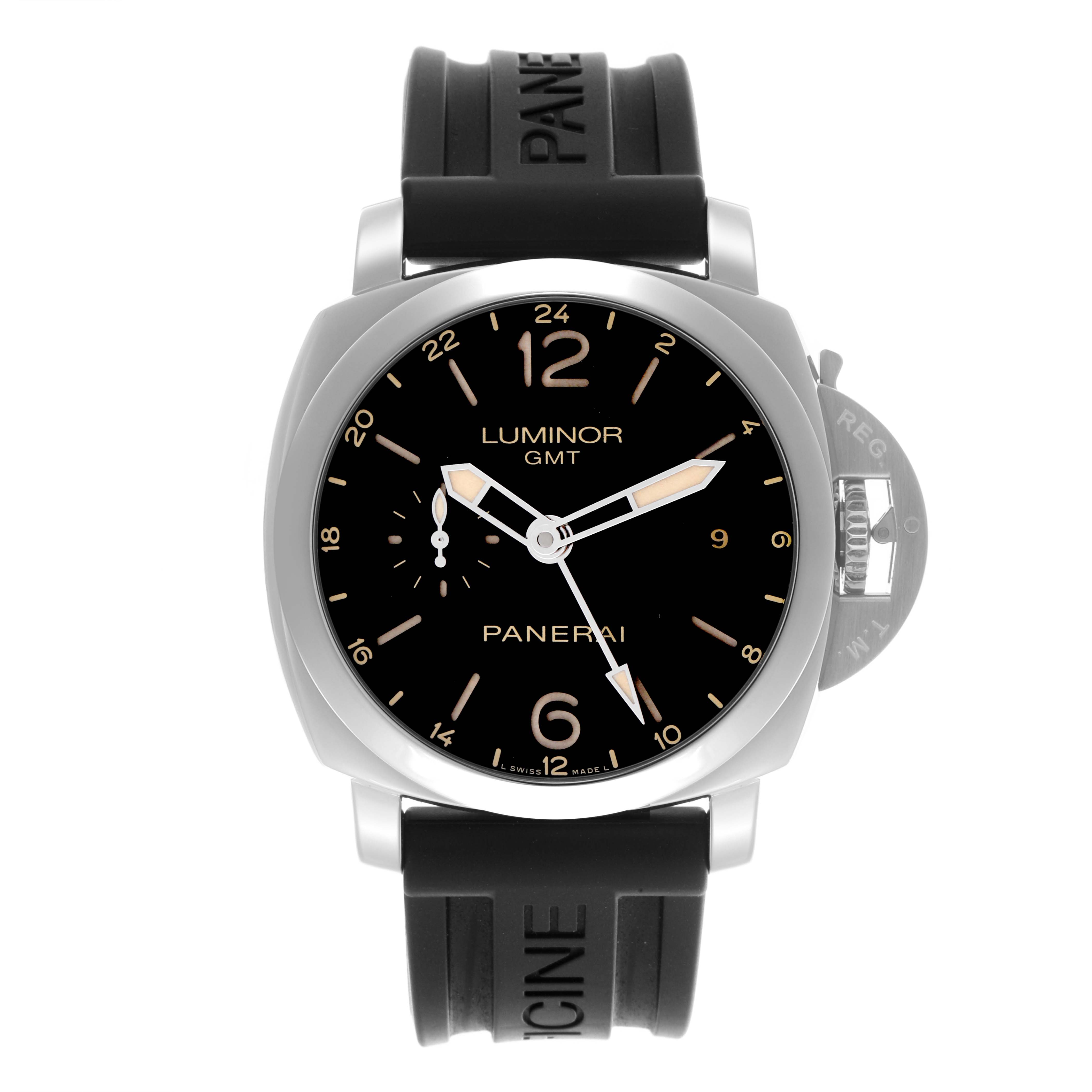 The Panerai Luminor PAM00531 Men's Stainless Steel Black Dial PAM00531 Men's Stainless Steel Black Dial watch is shown from a front angle, displaying the dial, case, crown guard, and rubber strap.