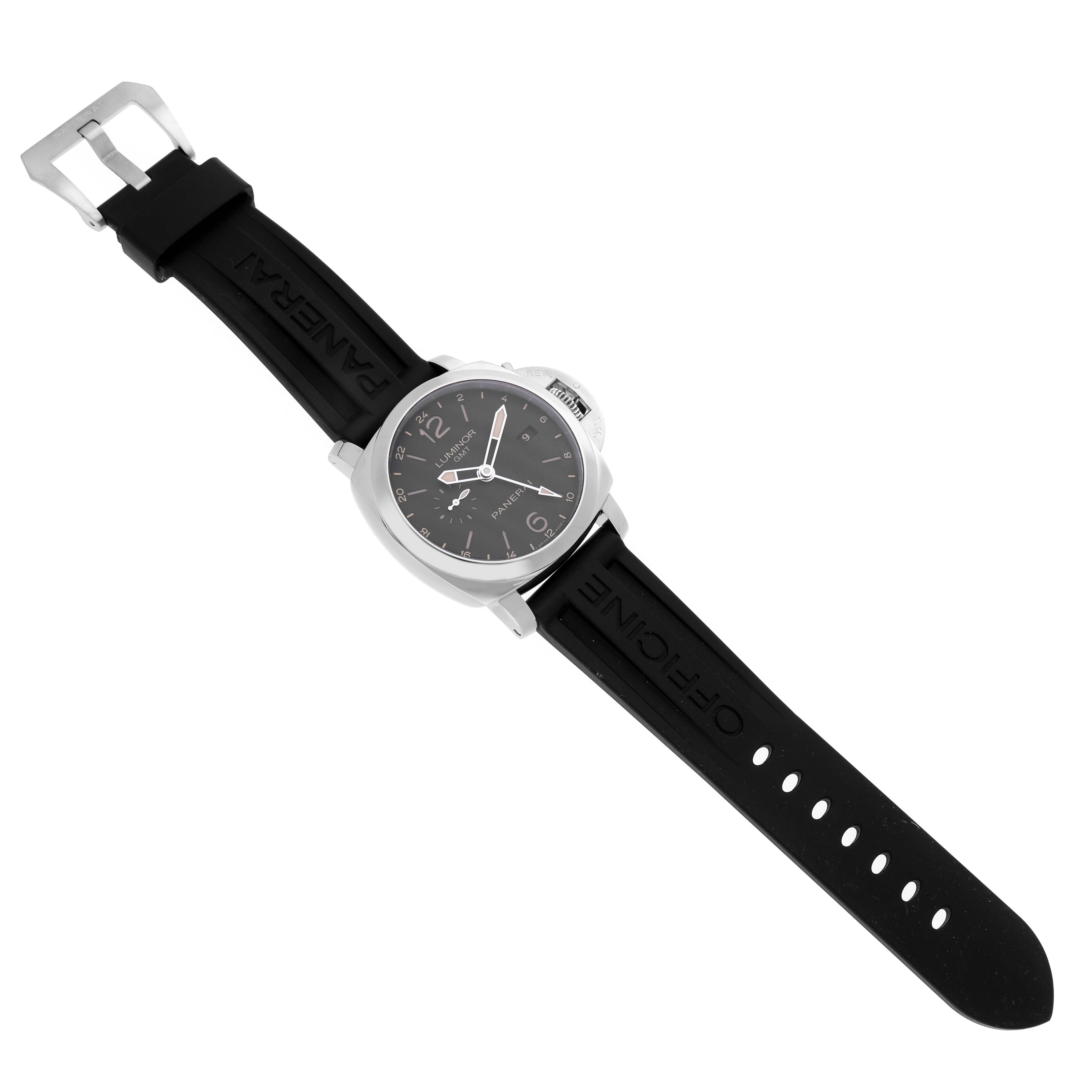 The Panerai Luminor PAM00531 Men's Stainless Steel Black Dial PAM00531 Men's Stainless Steel Black Dial watch is shown from a high angle, featuring the dial and rubber strap with branding.