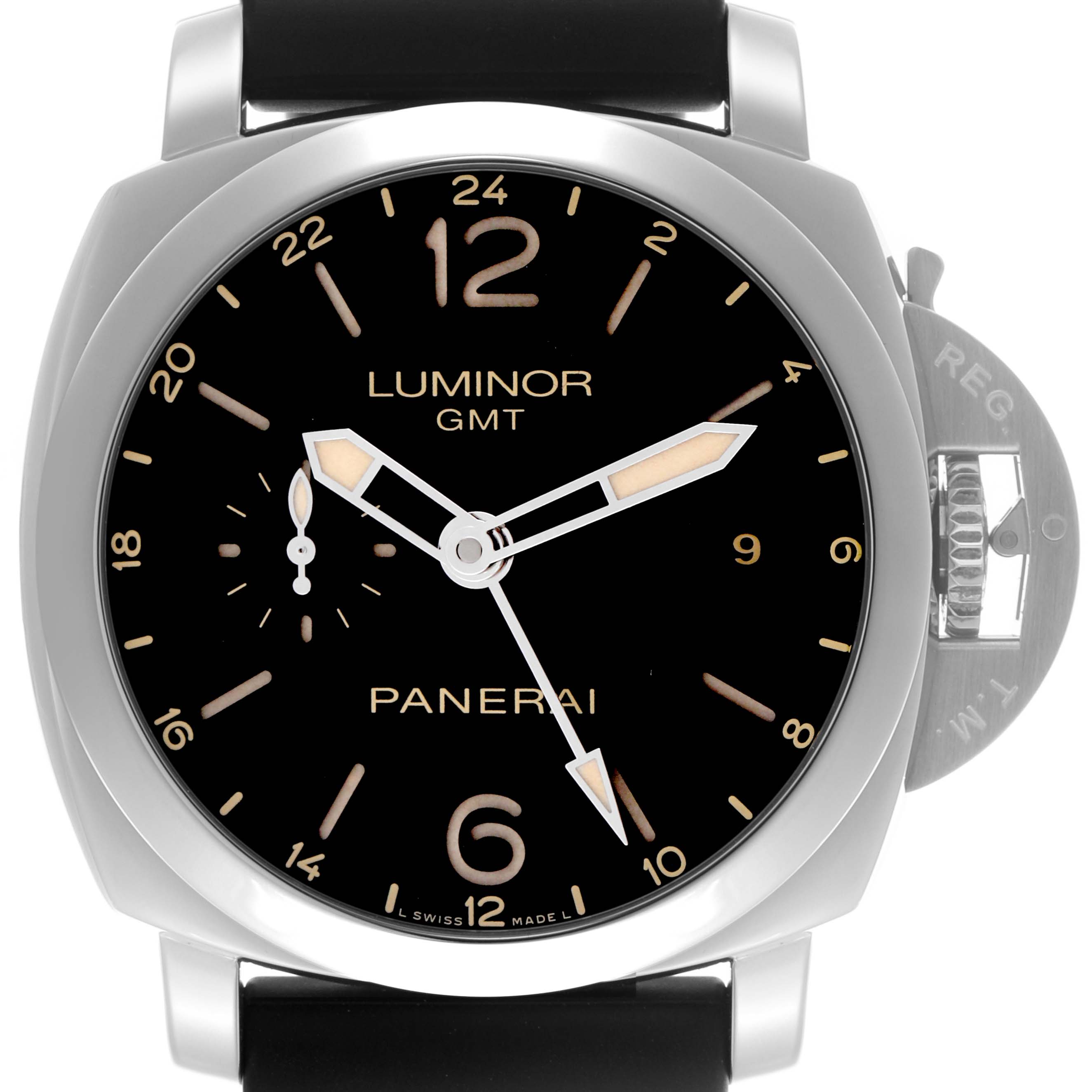 The Panerai Luminor PAM00531 Men's Stainless Steel Black Dial PAM00531 Men's Stainless Steel Black Dial watch is shown from the front, displaying the face, hands, and crown guard on the right side.