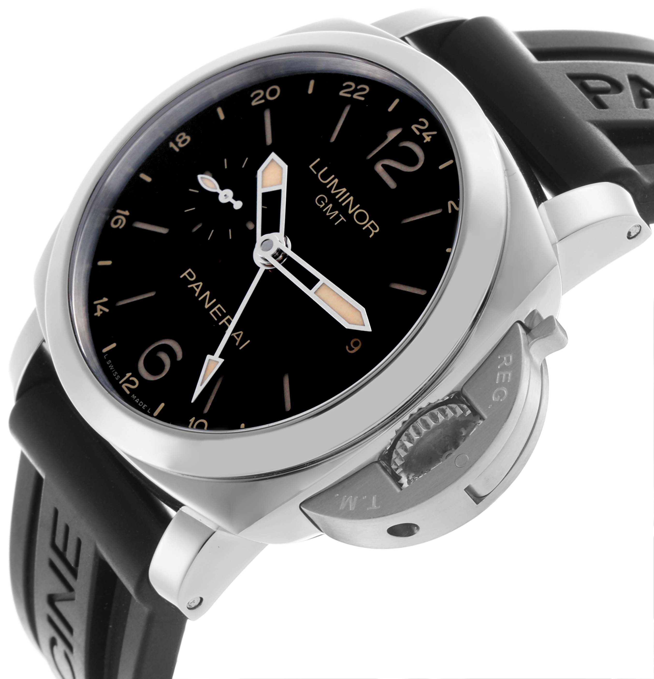 The Panerai Luminor PAM00531 Men's Stainless Steel Black Dial PAM00531 Men's Stainless Steel Black Dial model is shown at a tilted angle, highlighting the dial, case, bezel, and crown guard.