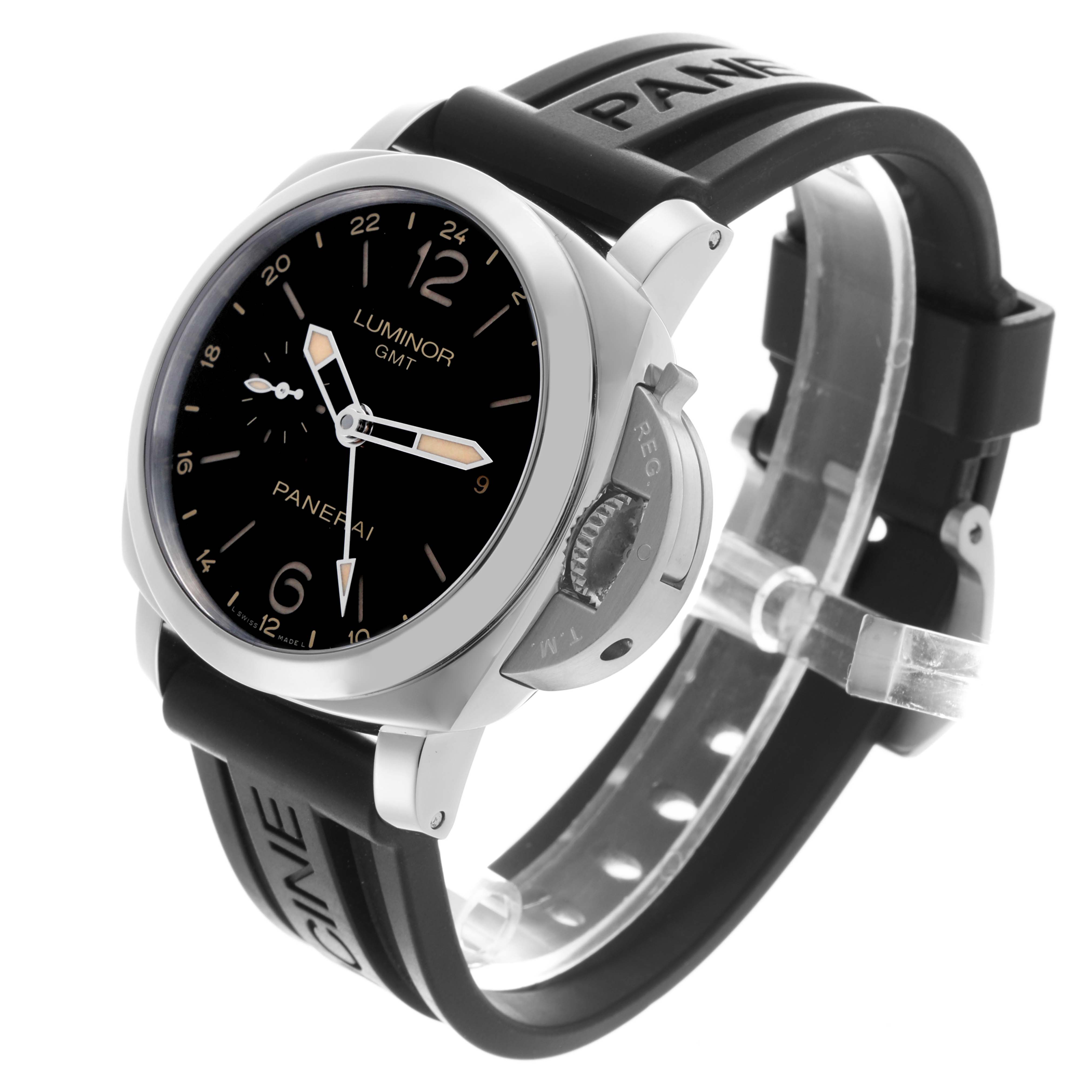 The Panerai Luminor PAM00531 Men's Stainless Steel Black Dial PAM00531 Men's Stainless Steel Black Dial watch is shown at a front angle displaying the face, crown guard, and black rubber strap.
