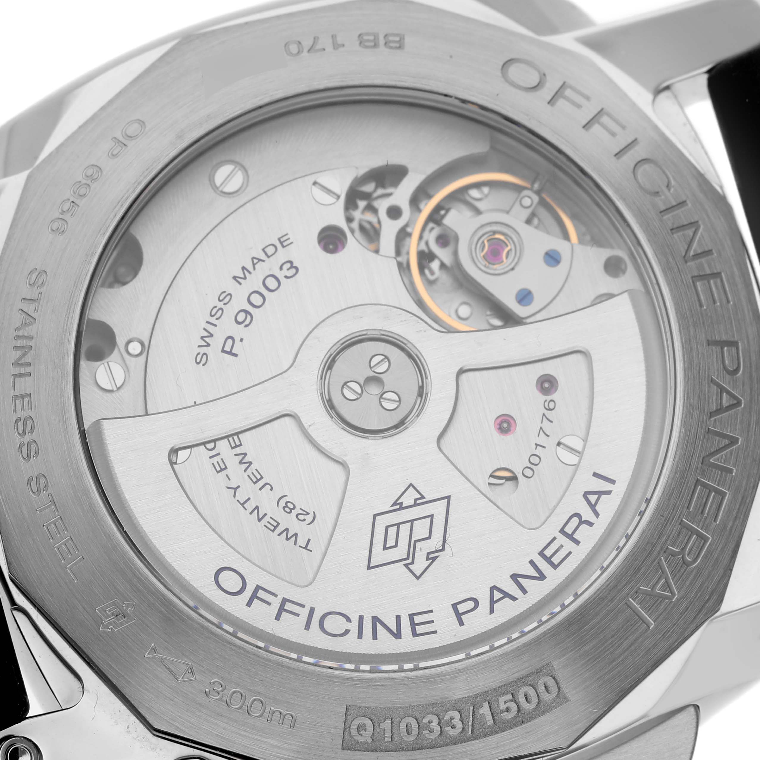 The image shows the back of the Panerai Luminor PAM00531 Men's Stainless Steel Black Dial PAM00531 Men's Stainless Steel Black Dial watch, highlighting the exposed movement and rotor.