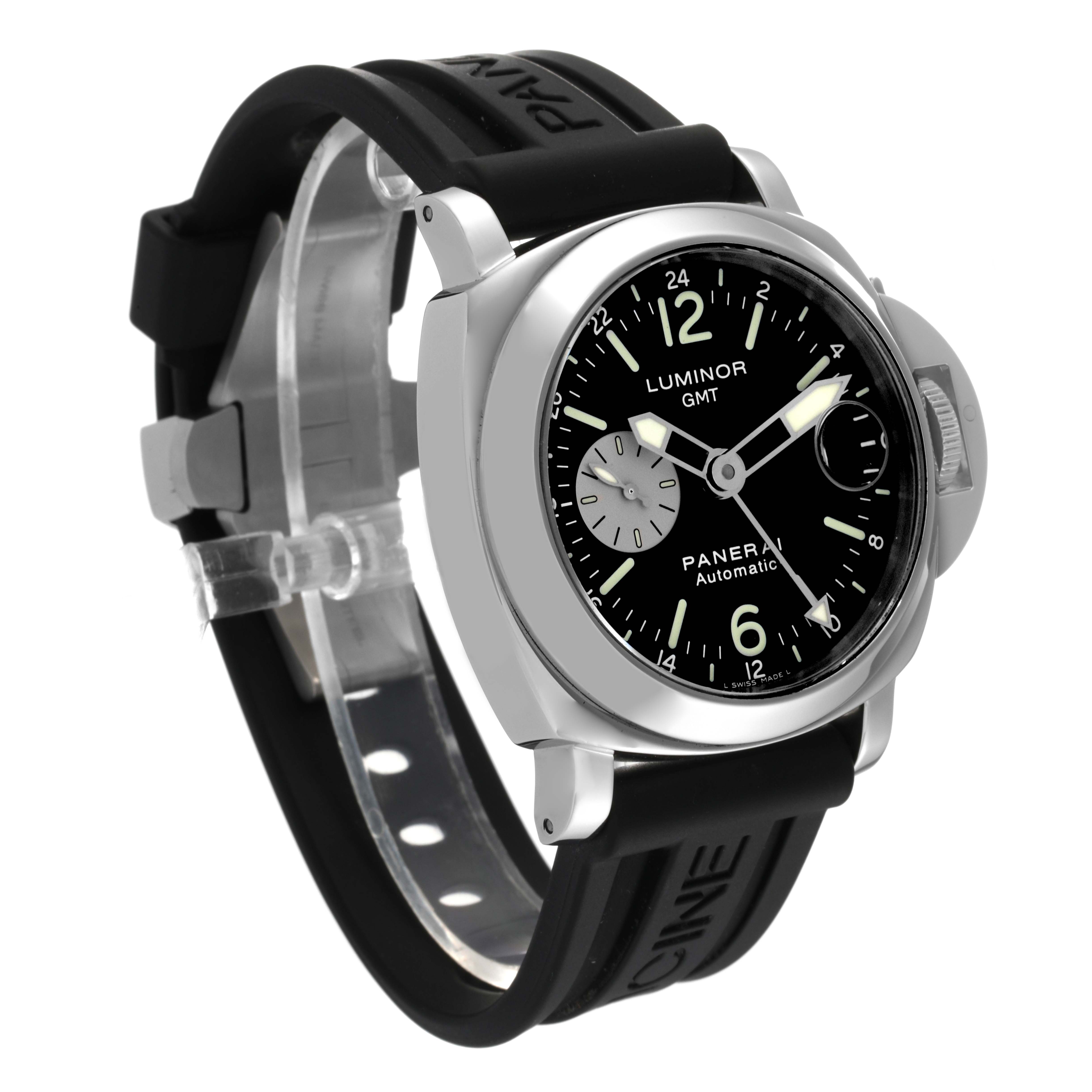 The Panerai Luminor PAM00088 Men
s Stainless Steel Black Dial PAM00088 Men
s Stainless Steel Black Dial watch is shown at an angled view, displaying the dial, case, crown guard, and rubber strap.