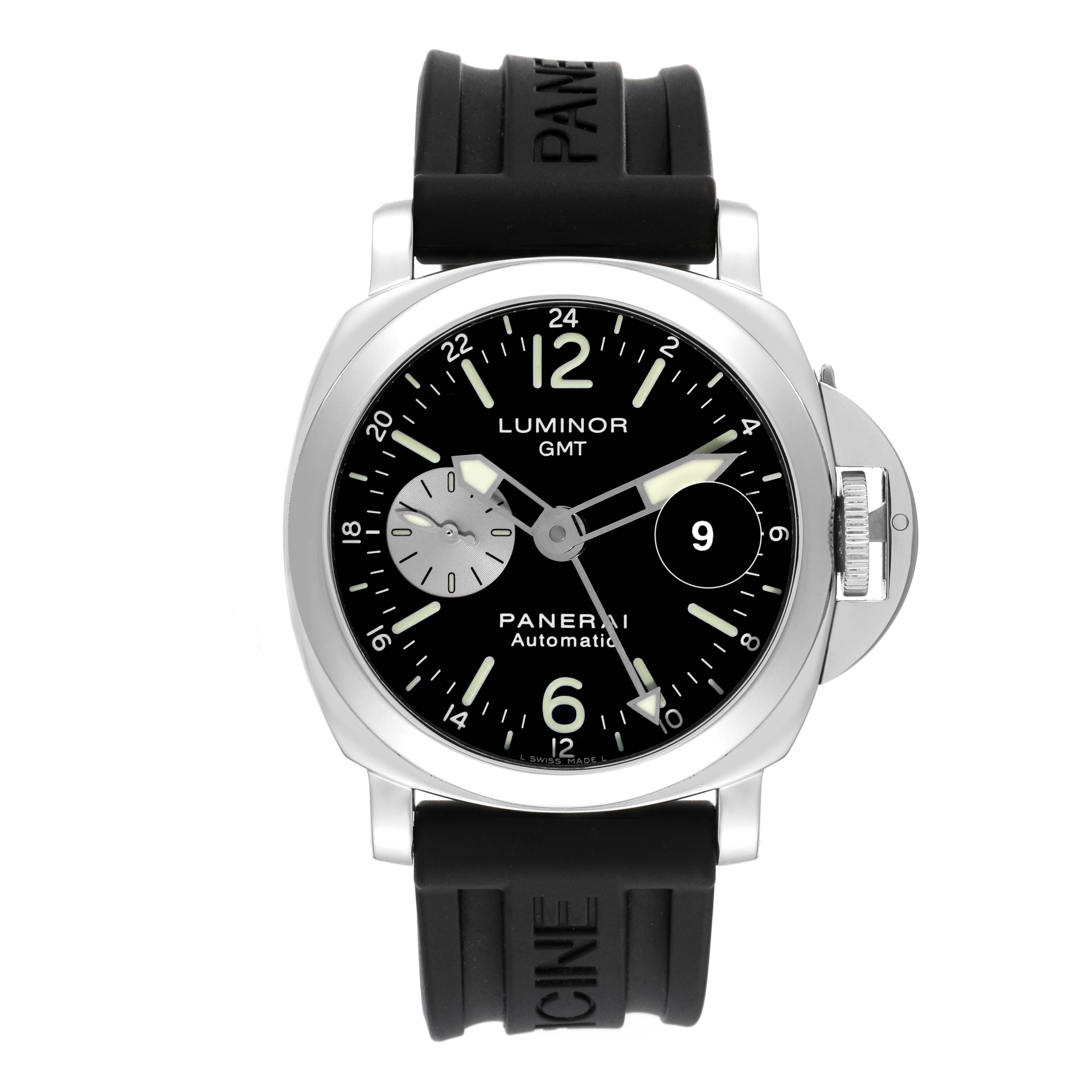 The image shows a frontal view of a Panerai Luminor PAM00088 Men
s Stainless Steel Black Dial PAM00088 Men
s Stainless Steel Black Dial GMT watch with a black rubber strap and a black dial.