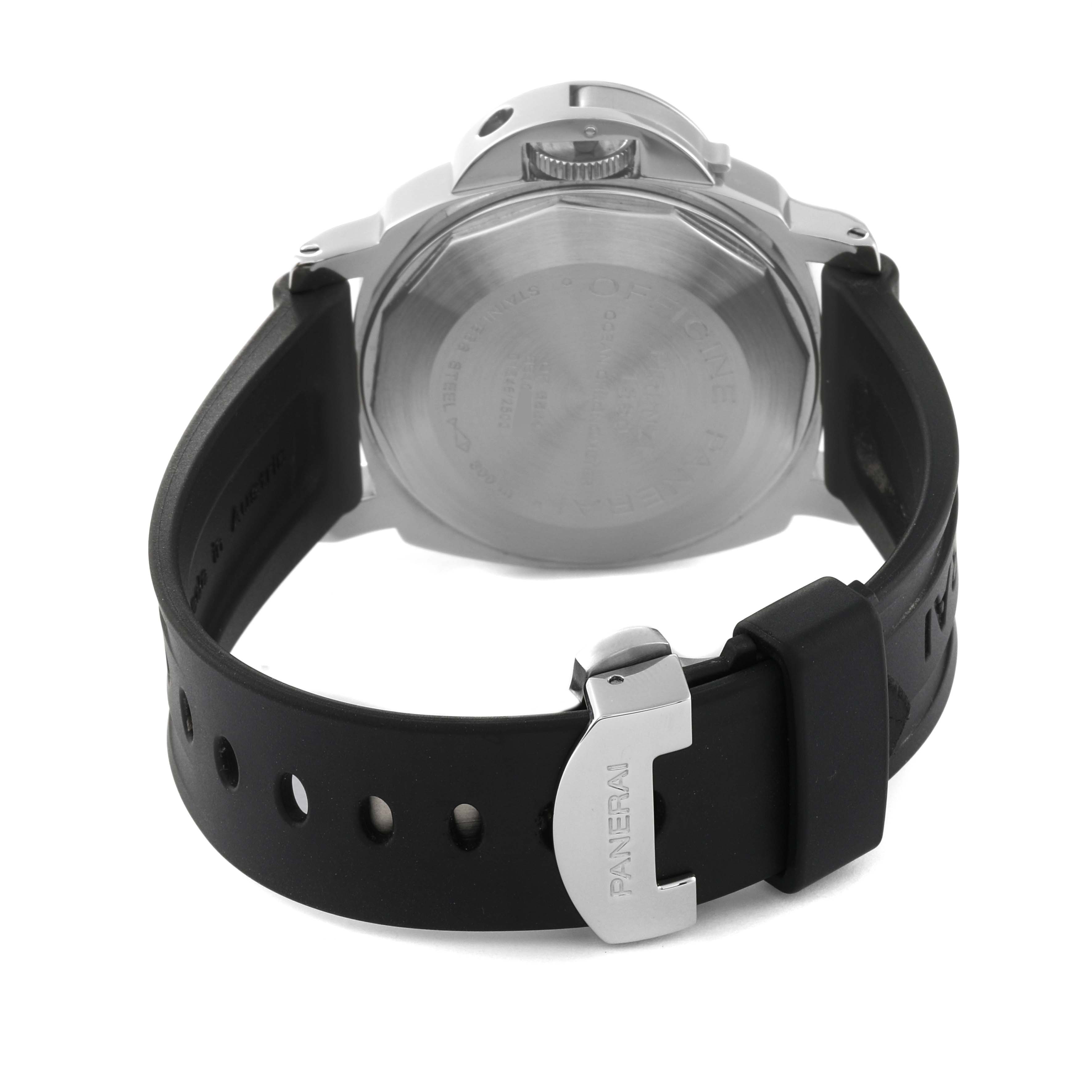 The image shows the back view of a Panerai Luminor PAM00088 Men
s Stainless Steel Black Dial PAM00088 Men
s Stainless Steel Black Dial watch, highlighting the case back and the rubber strap with a buckle.