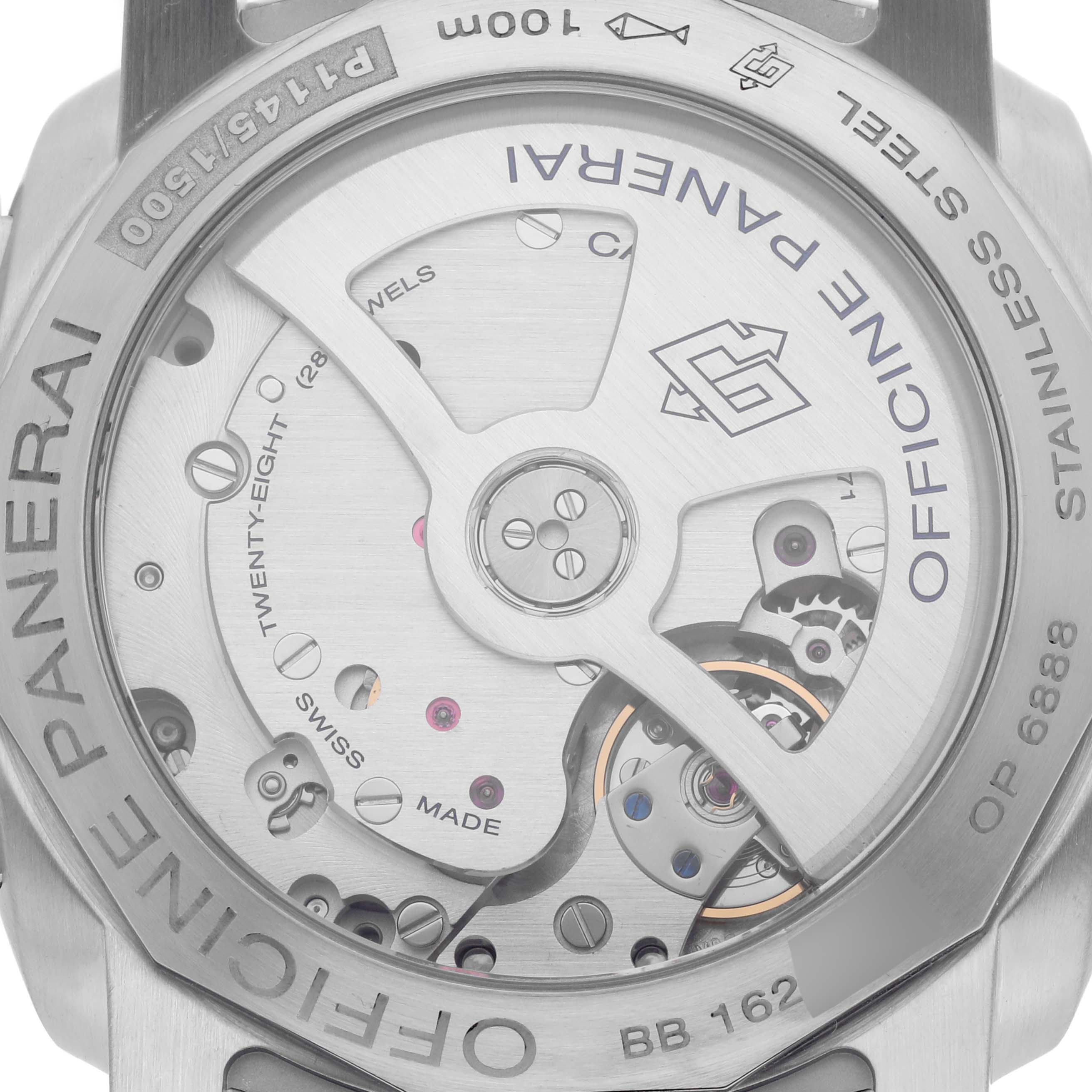 The image shows the back view of a Panerai Luminor PAM00392 Men's Stainless Steel Black Dial PAM00392 Men's Stainless Steel Black Dial, highlighting its open case back and visible mechanical movement components.