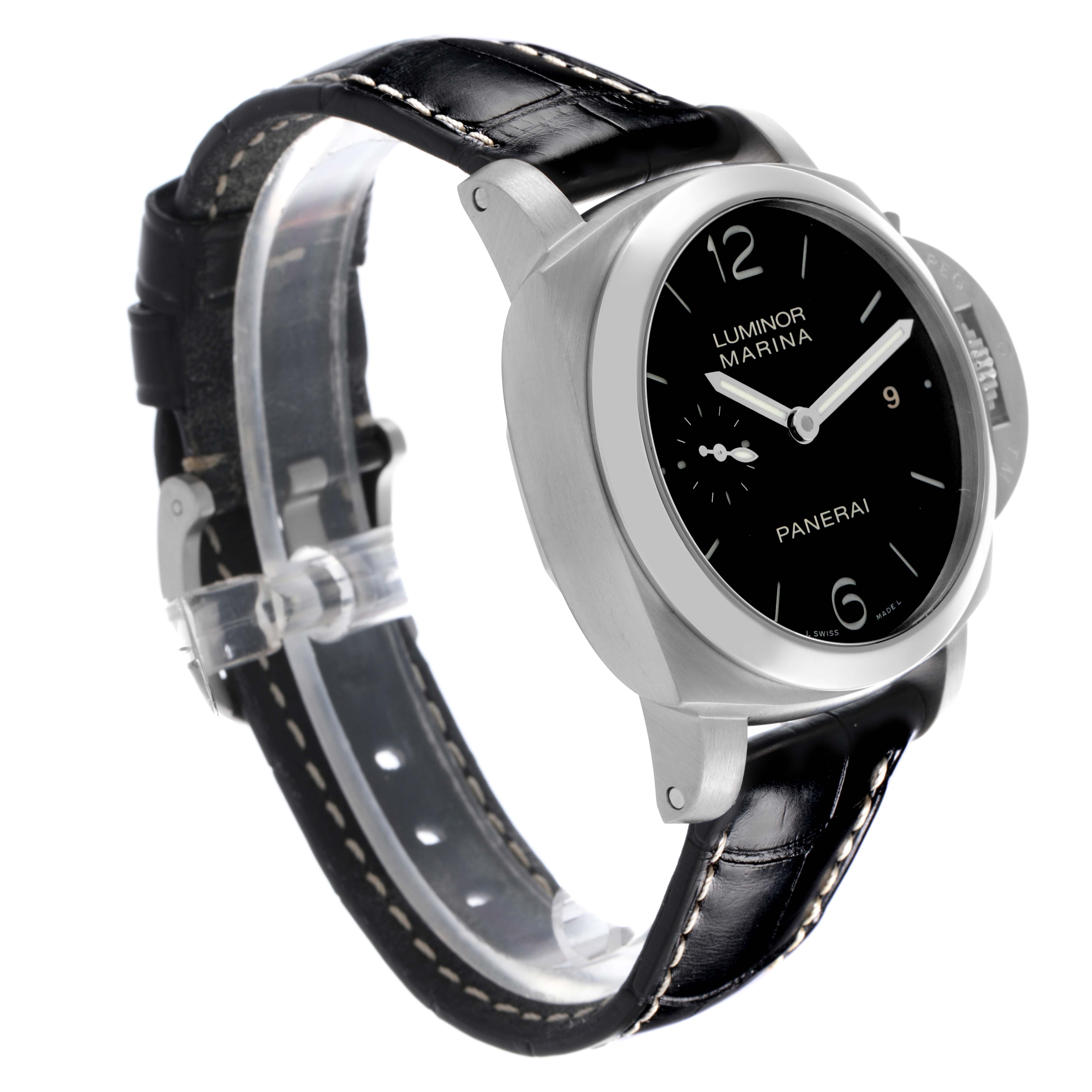 The Panerai Luminor PAM00392 Men's Stainless Steel Black Dial PAM00392 Men's Stainless Steel Black Dial watch is shown at a three-quarter angle, highlighting the face, crown guard, and black leather strap.