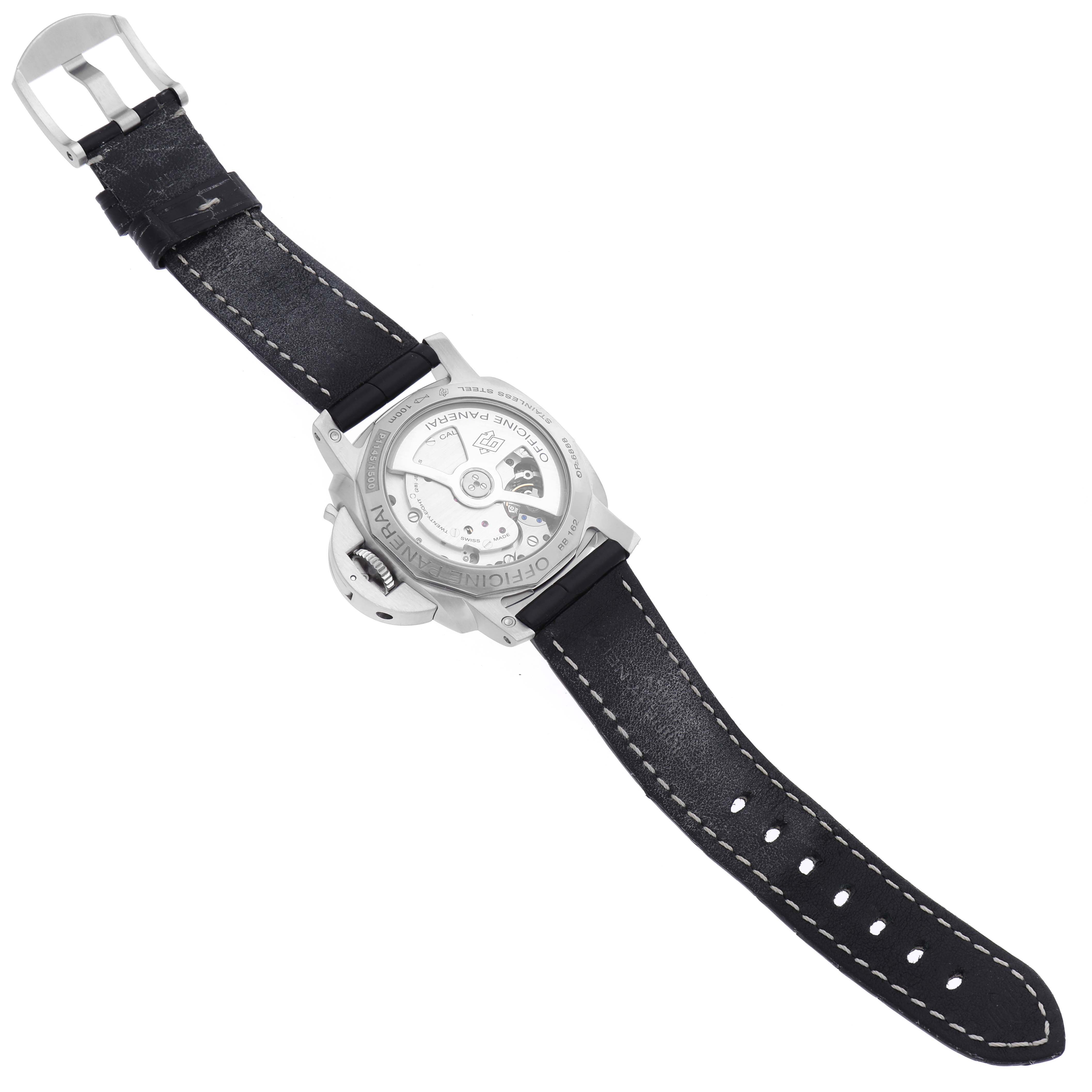 The image shows the back of the Panerai Luminor PAM00392 Men's Stainless Steel Black Dial PAM00392 Men's Stainless Steel Black Dial watch, highlighting its transparent case back and black leather strap.