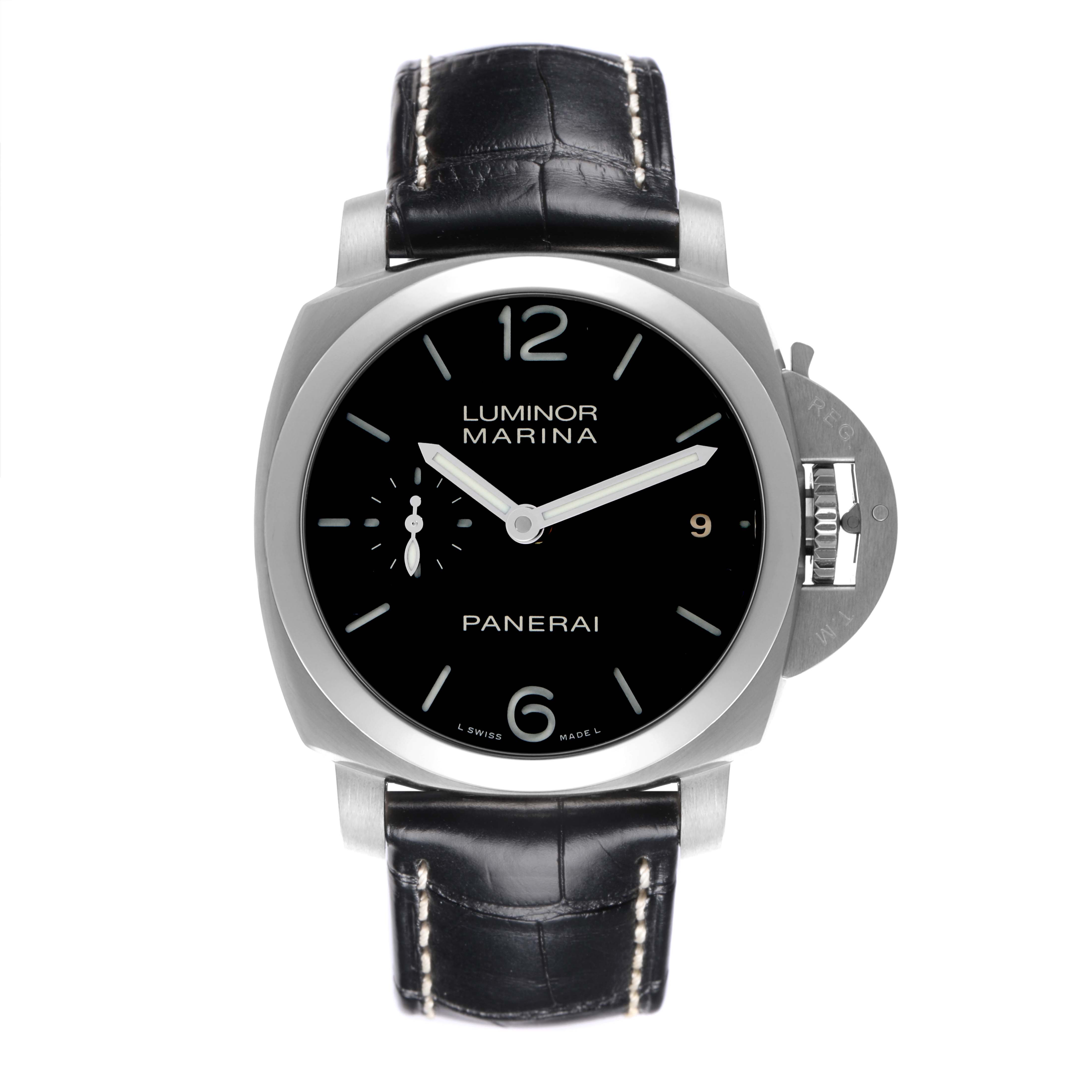 The Panerai Luminor PAM00392 Men's Stainless Steel Black Dial PAM00392 Men's Stainless Steel Black Dial watch is shown from a front angle, highlighting the face, crown guard, and black leather strap.