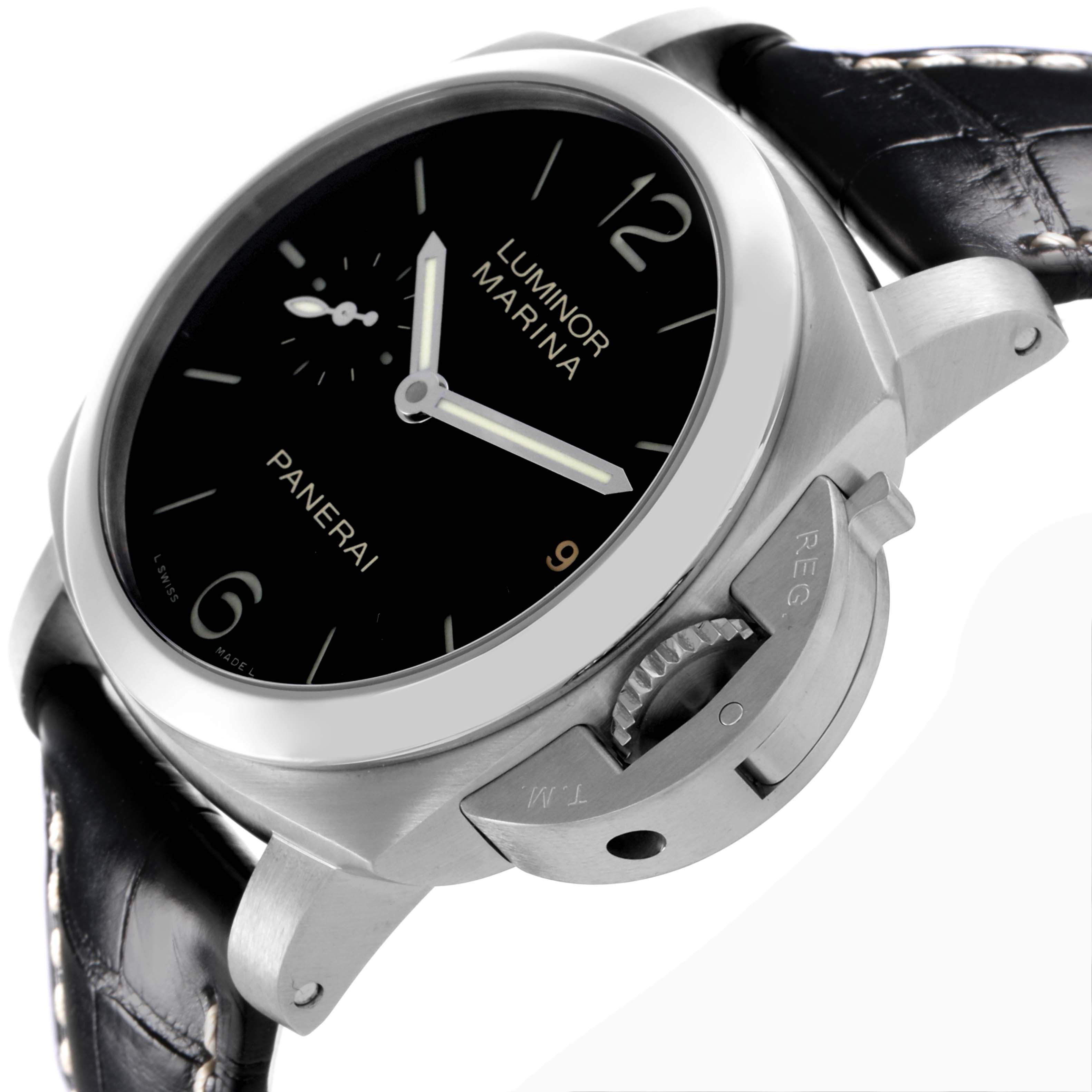 The Panerai Luminor PAM00392 Men's Stainless Steel Black Dial PAM00392 Men's Stainless Steel Black Dial watch is shown at an angle highlighting its bezel, crown guard, and leather strap.
