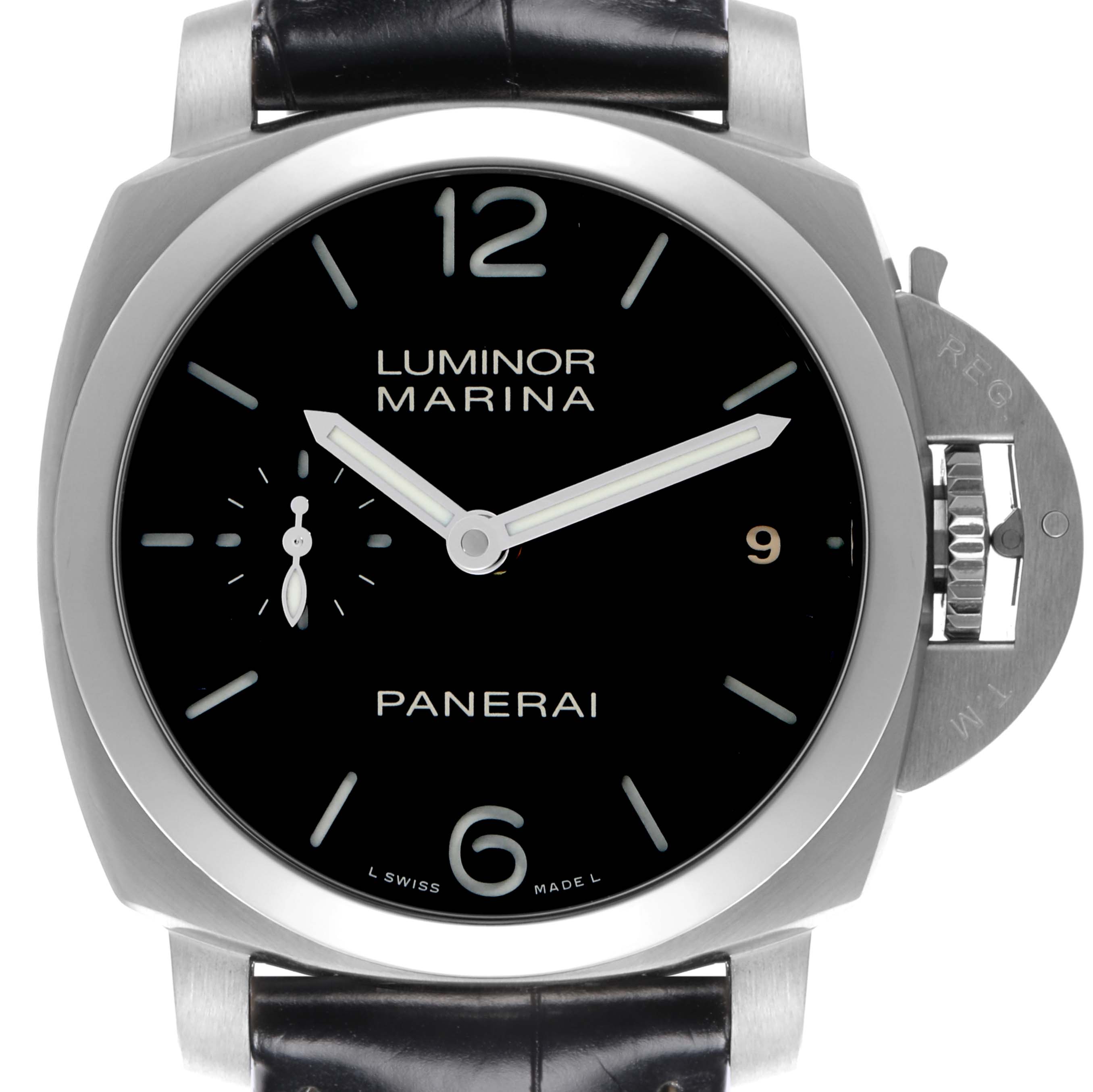 The Panerai Luminor PAM00392 Men's Stainless Steel Black Dial PAM00392 Men's Stainless Steel Black Dial model is shown from a front angle, displaying the dial, crown guard, and black leather strap.