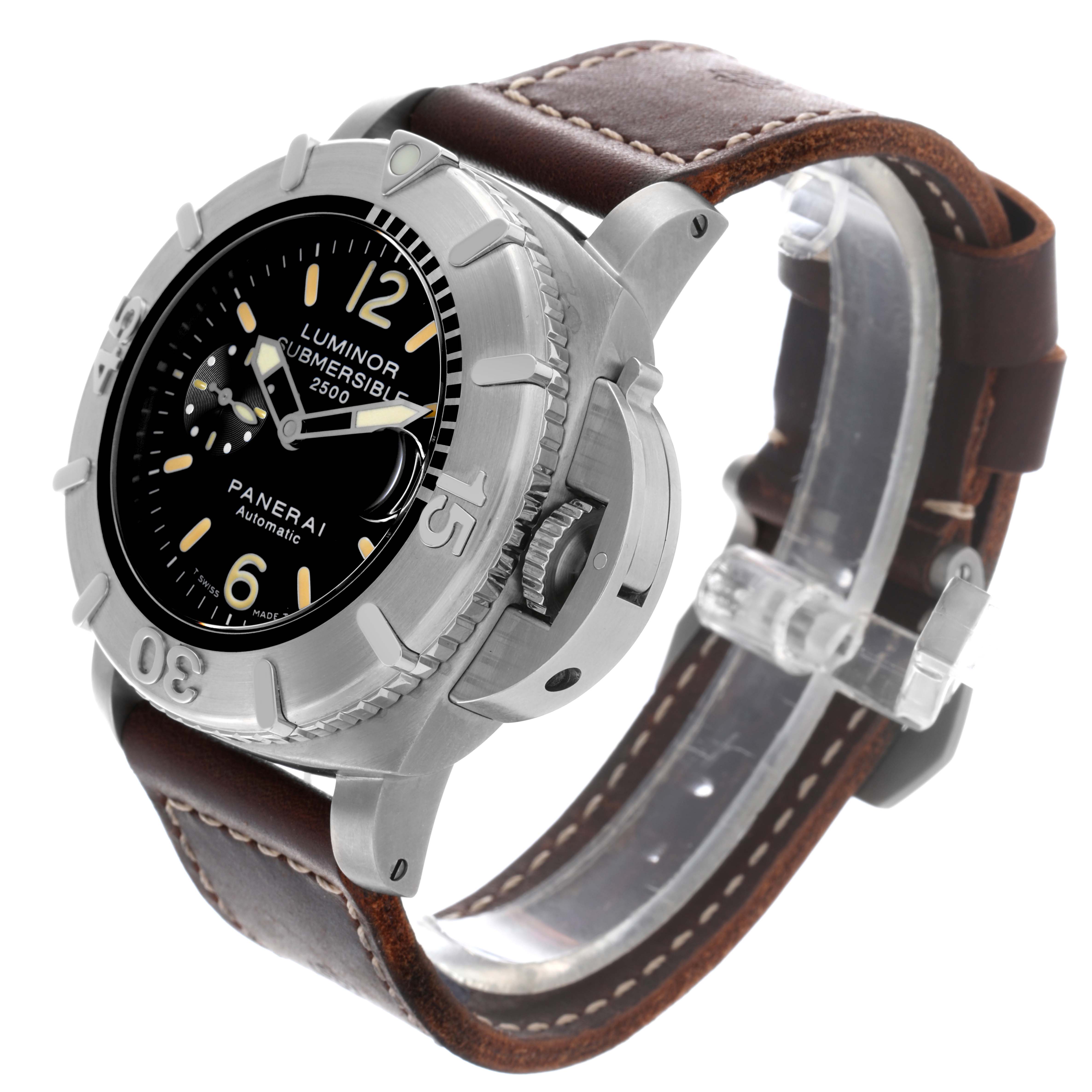 The Panerai Submersible PAM00194 Men's Titanium Black Dial PAM00194 Men's Titanium Black Dial watch is shown at a three-quarter angle, highlighting the bezel, crown guard, and brown leather strap.