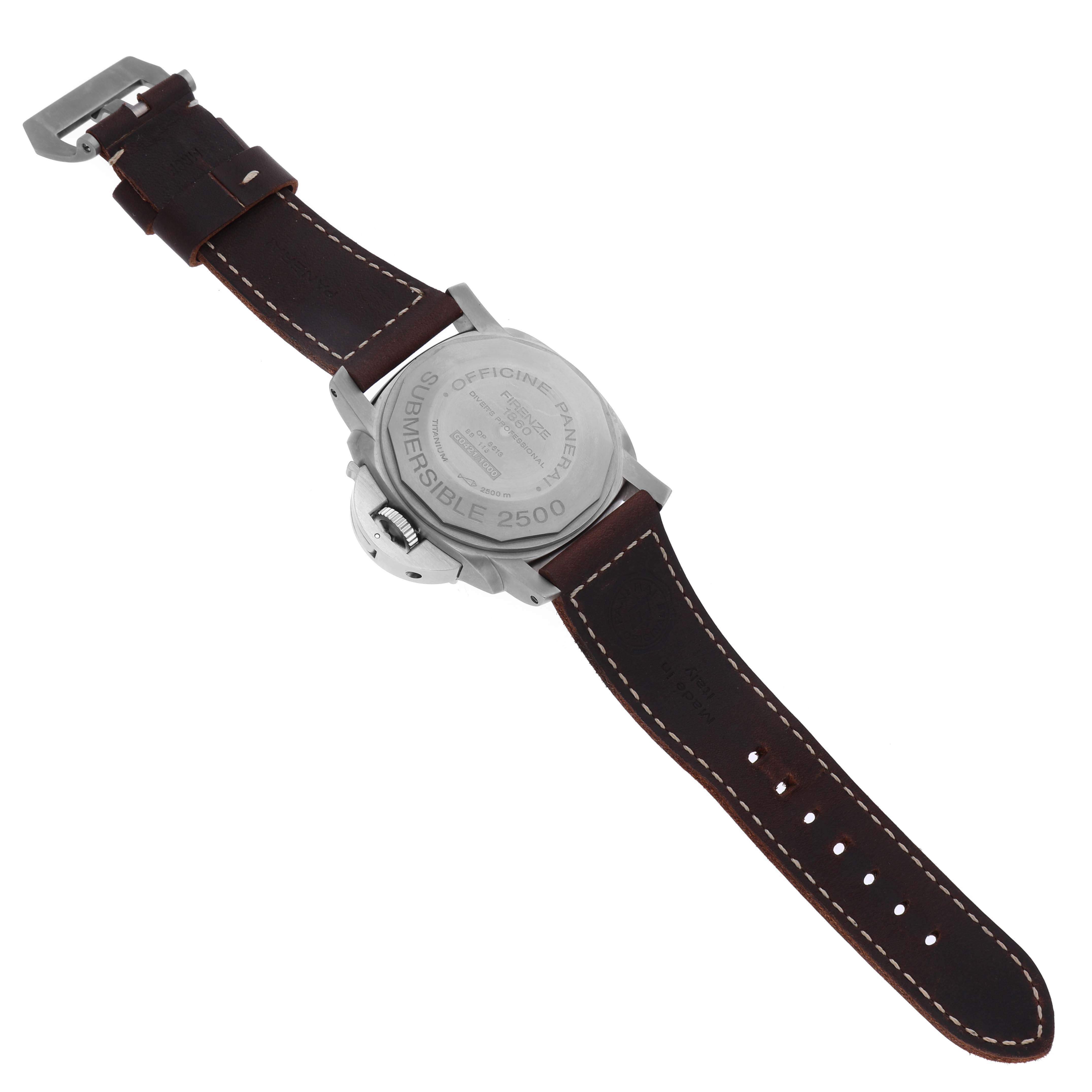 The image shows the back side of a Panerai Submersible PAM00194 Men's Titanium Black Dial PAM00194 Men's Titanium Black Dial watch, displaying the case back and leather strap.