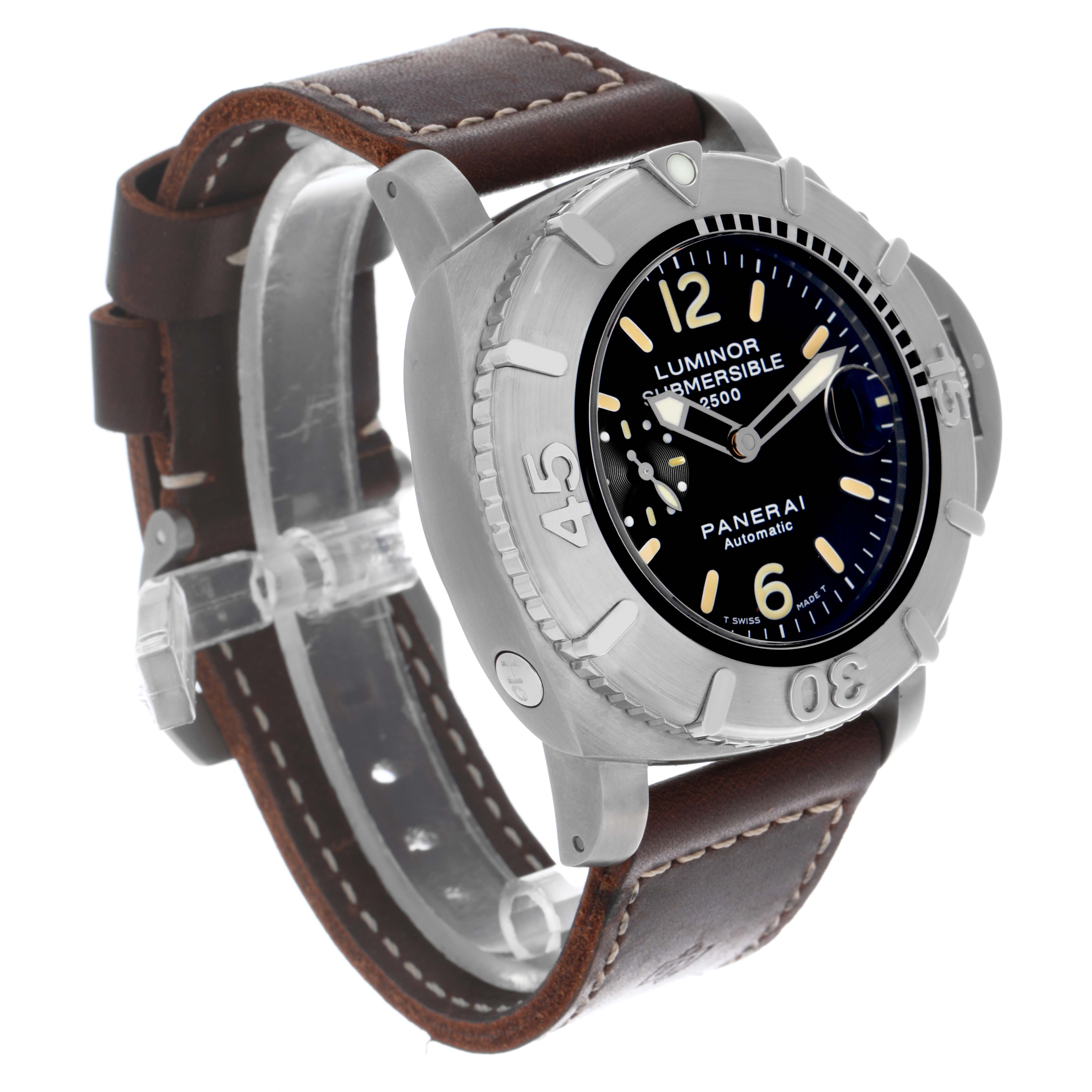 The Panerai Submersible PAM00194 Men's Titanium Black Dial PAM00194 Men's Titanium Black Dial watch is shown at a three-quarter angle, displaying the dial, bezel, crown, and leather strap.