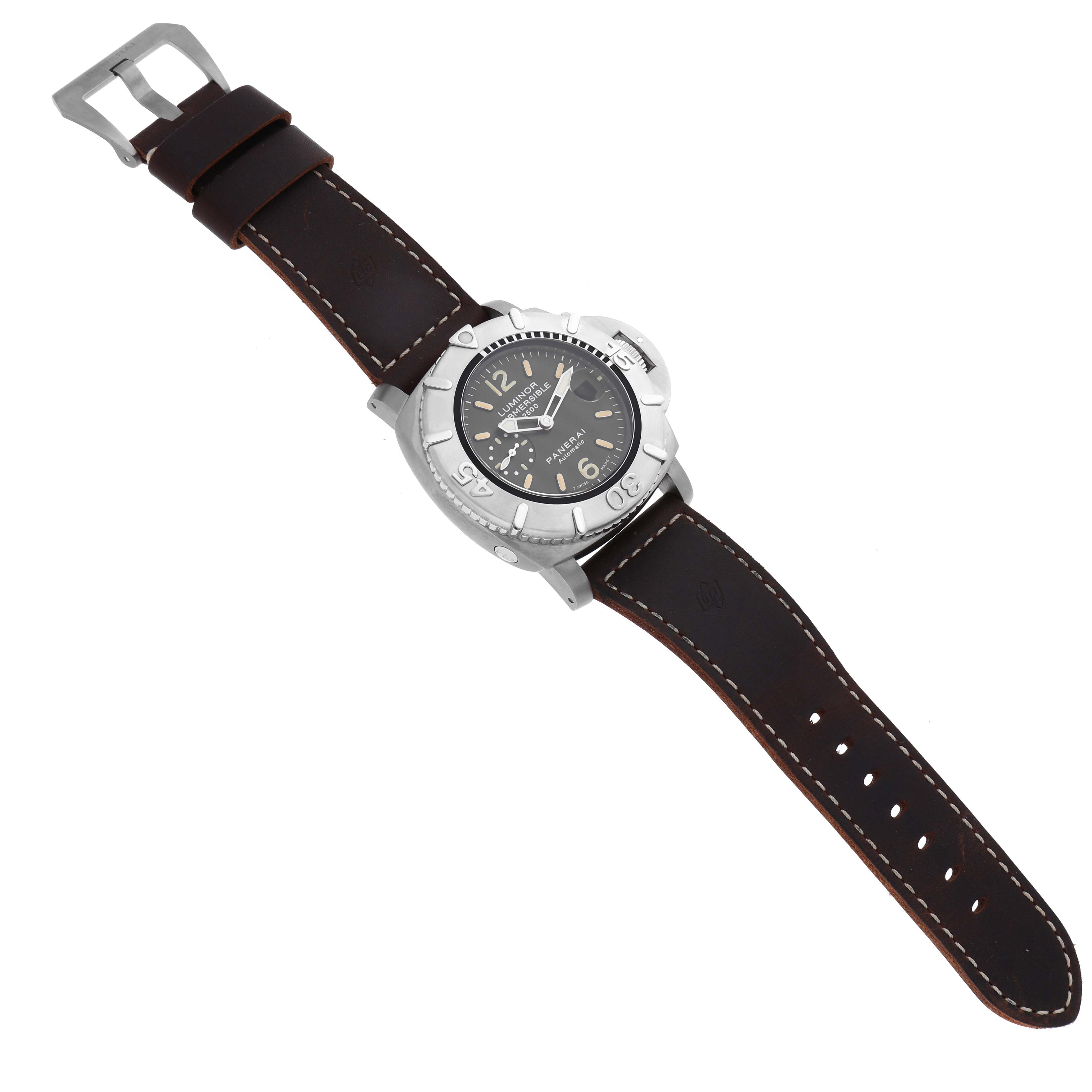 The Panerai Submersible PAM00194 Men's Titanium Black Dial PAM00194 Men's Titanium Black Dial watch is shown at an angled view, featuring the face, bezel, case, and leather strap.