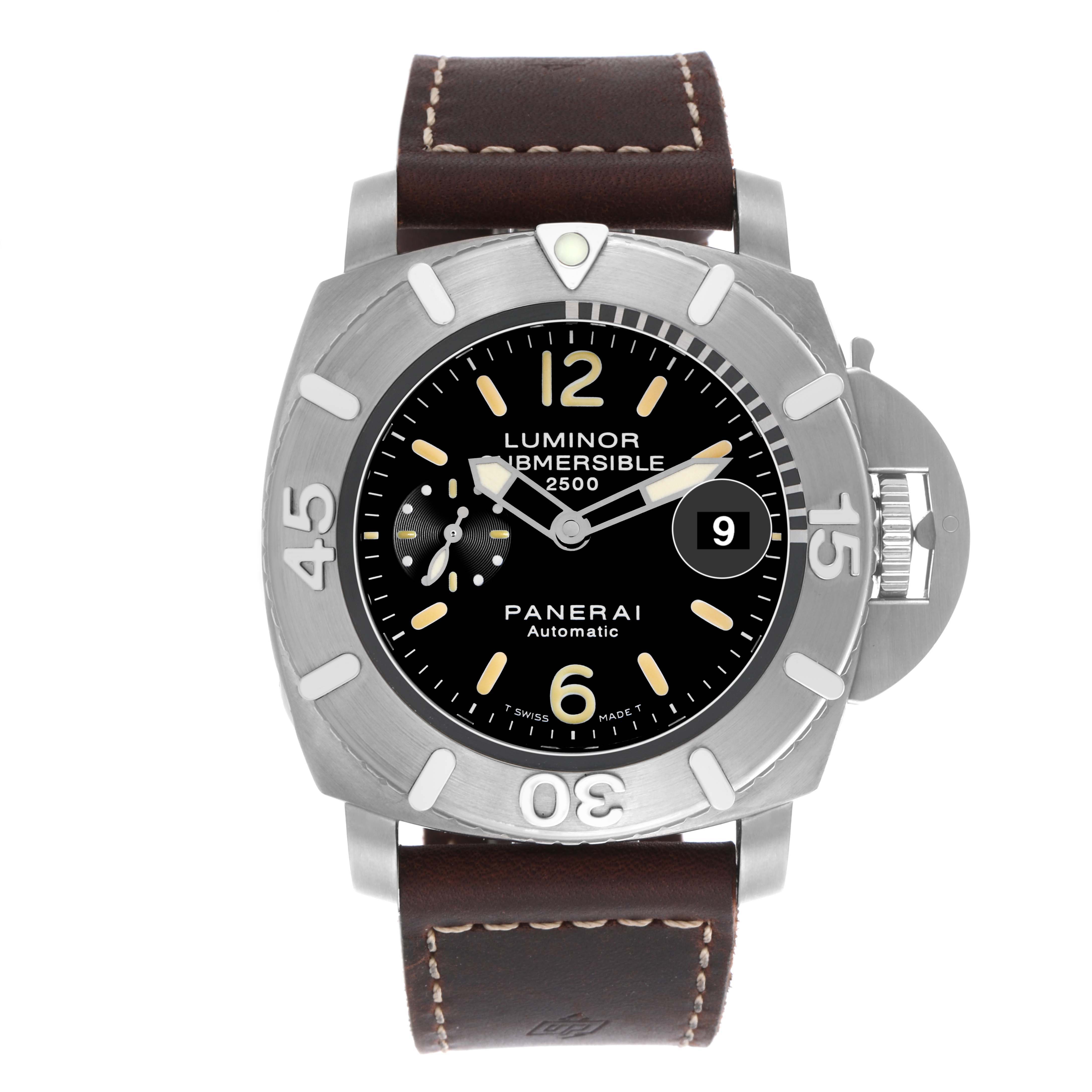The Panerai Submersible PAM00194 Men's Titanium Black Dial PAM00194 Men's Titanium Black Dial watch is shown from a front angle, highlighting the dial, bezel, and leather strap.