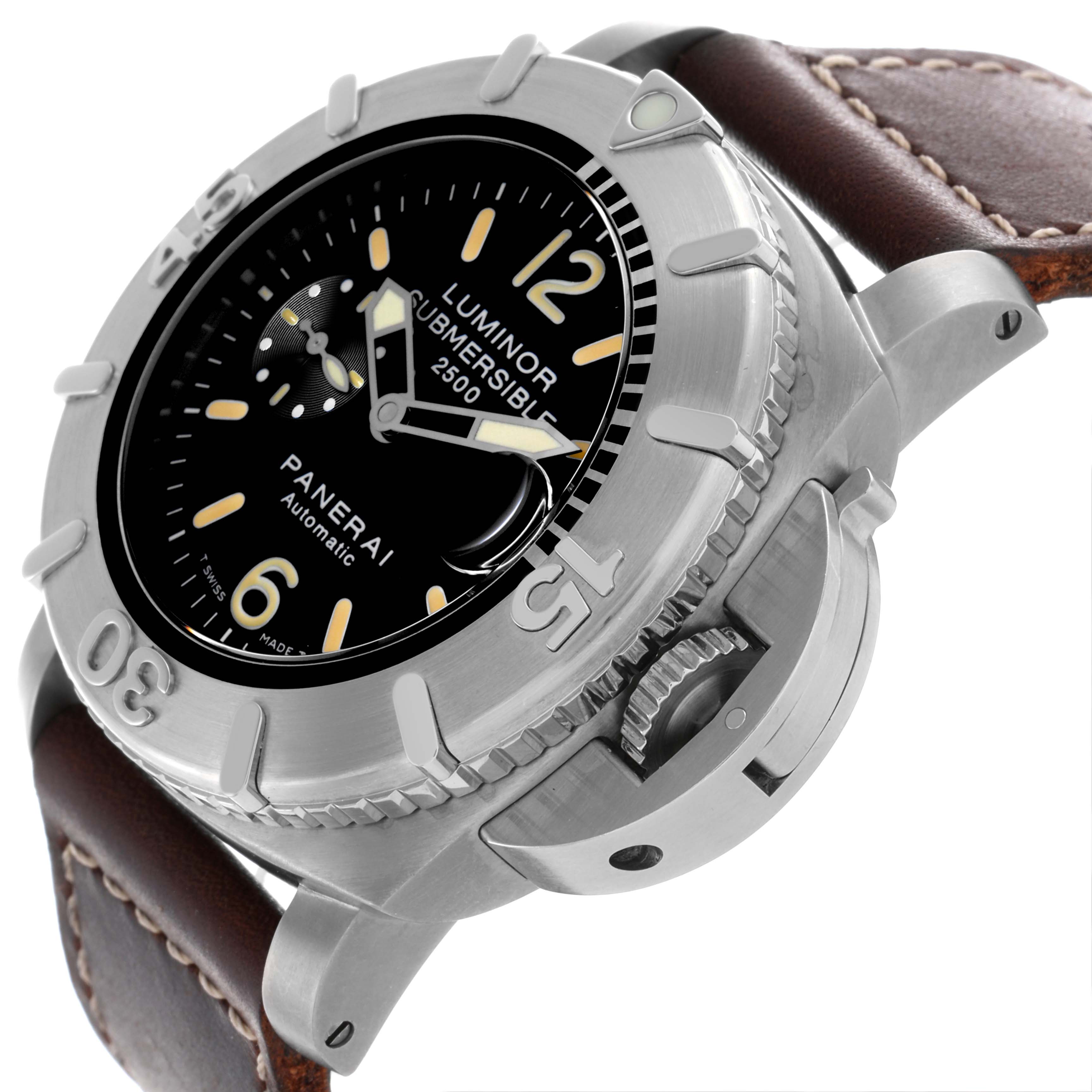 The image shows a Panerai Submersible PAM00194 Men's Titanium Black Dial PAM00194 Men's Titanium Black Dial watch at an angled side view, highlighting the bezel, crown guard, and brown leather strap.