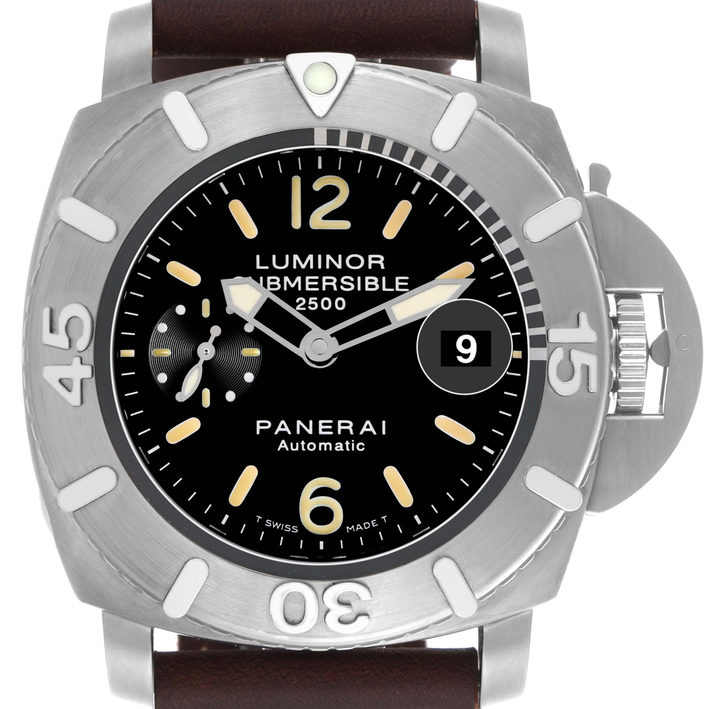 The Panerai Submersible PAM00194 Men's Titanium Black Dial PAM00194 Men's Titanium Black Dial watch is shown from a front angle, displaying the dial, crown guard, and bezel.