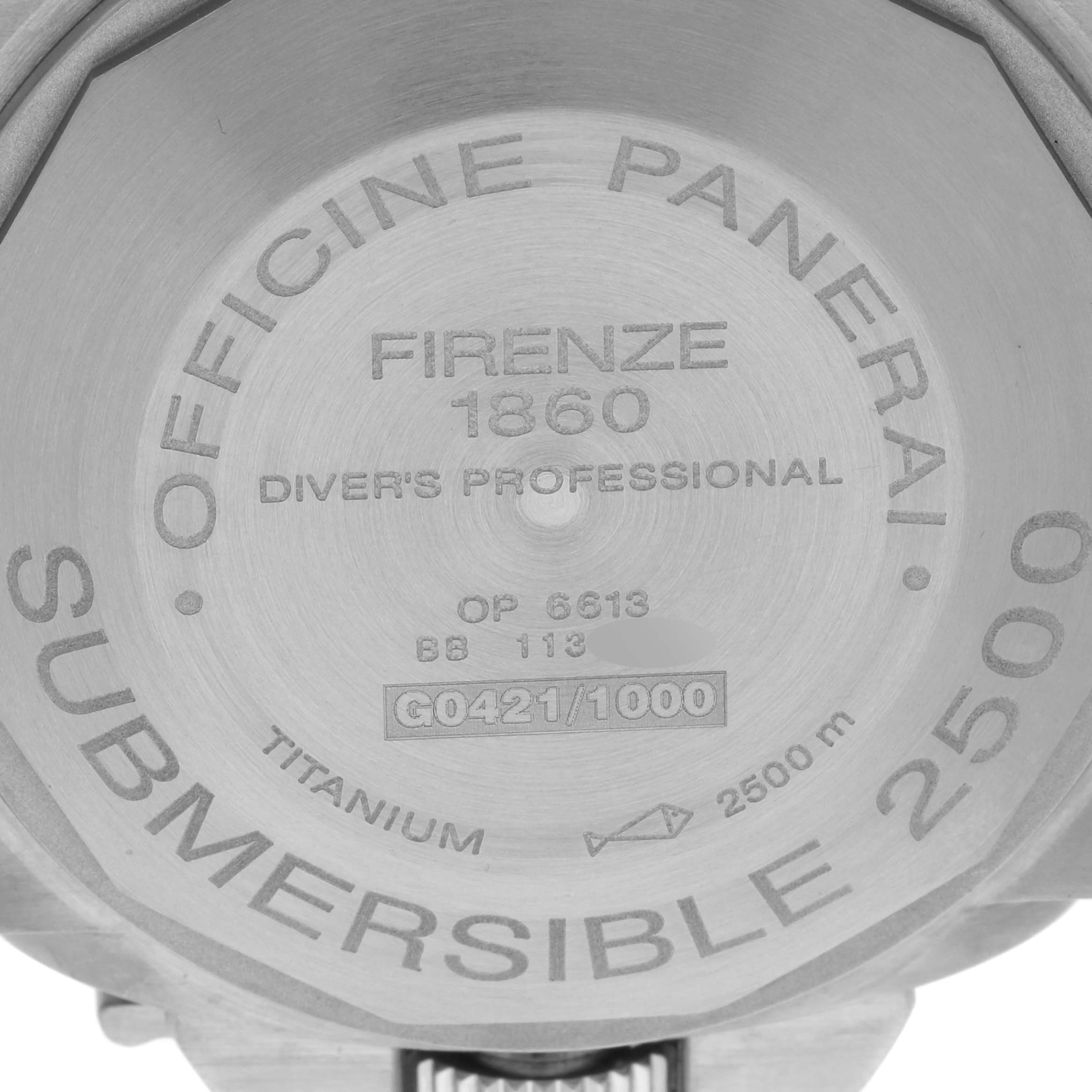 The image shows the case back of a Panerai Submersible PAM00194 Men's Titanium Black Dial PAM00194 Men's Titanium Black Dial watch, featuring engravings and details like the material and model number.