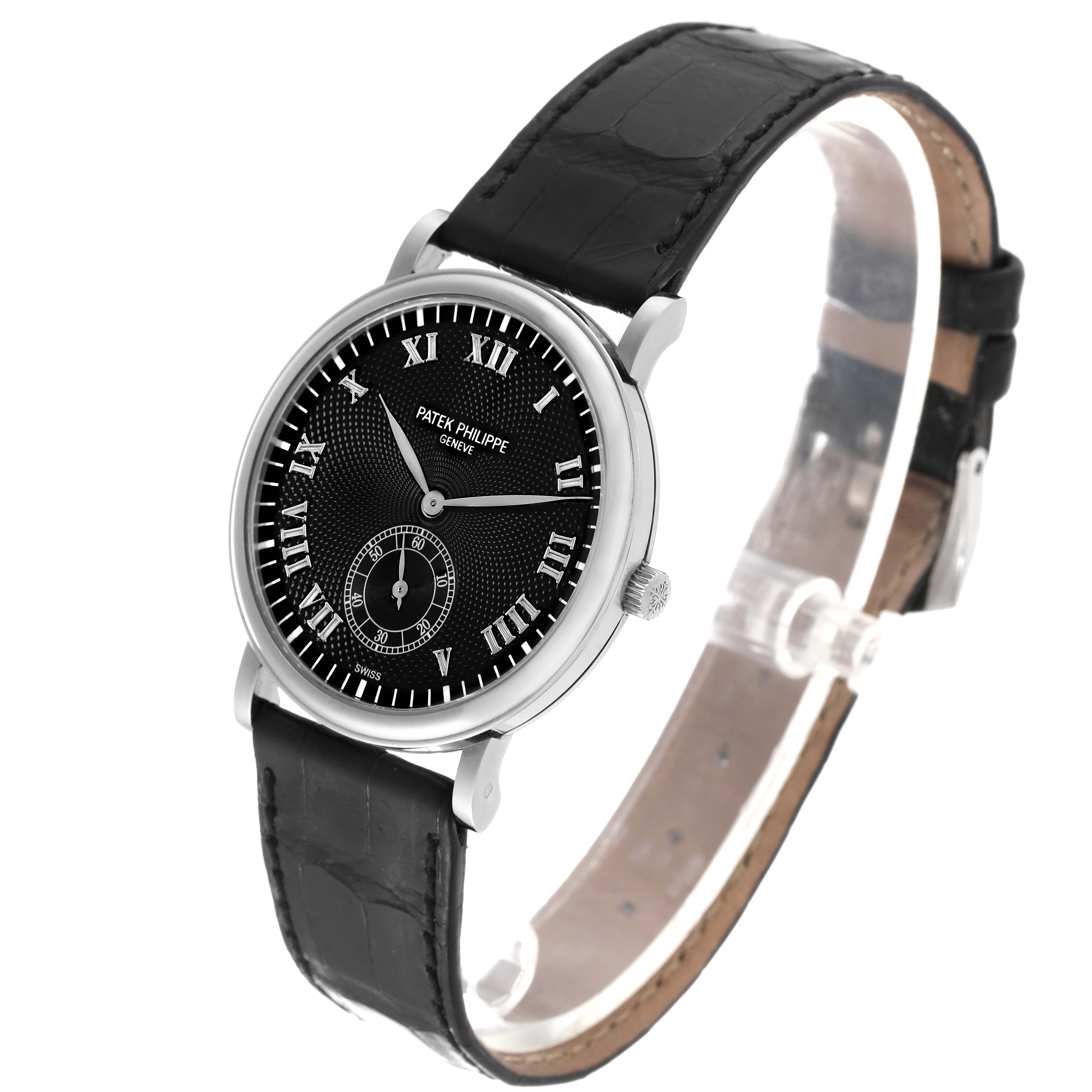 The image shows a Patek Philippe Calatrava 5022G Men's White Gold Black Dial 5022G Men's White Gold Black Dial watch at a three-quarter angle, highlighting the watch face and black leather strap.