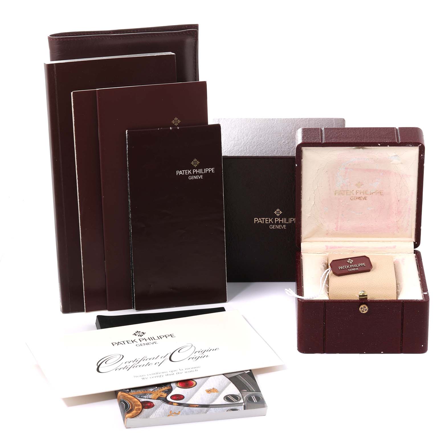 The image shows Patek Philippe Calatrava 5022G Men's White Gold Black Dial 5022G Men's White Gold Black Dial packaging, including boxes, certificates, and manuals, all from a front angle.
