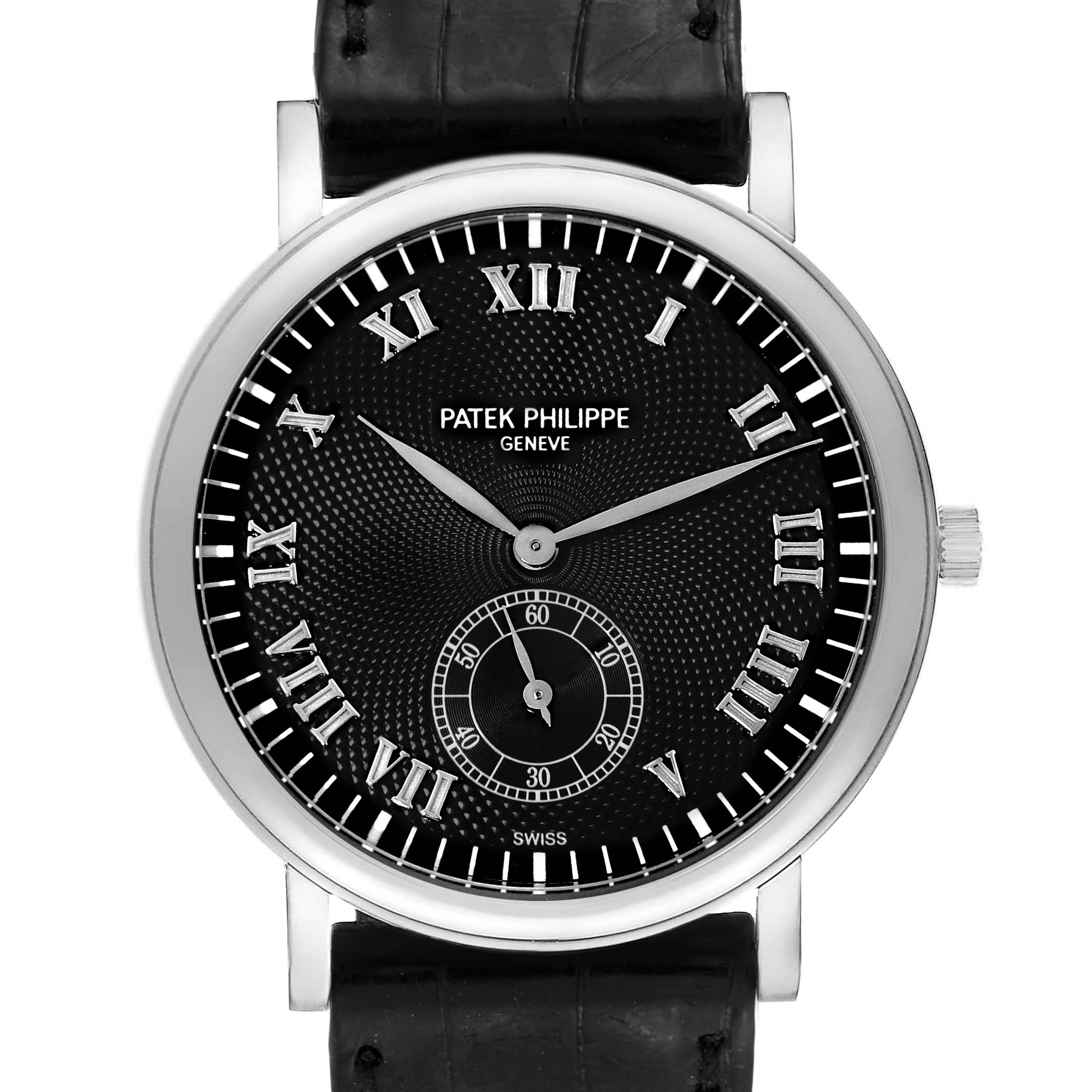 The image shows a front angle view of the Patek Philippe Calatrava 5022G Men's White Gold Black Dial 5022G Men's White Gold Black Dial watch, highlighting its black dial, Roman numerals, and subdial.
