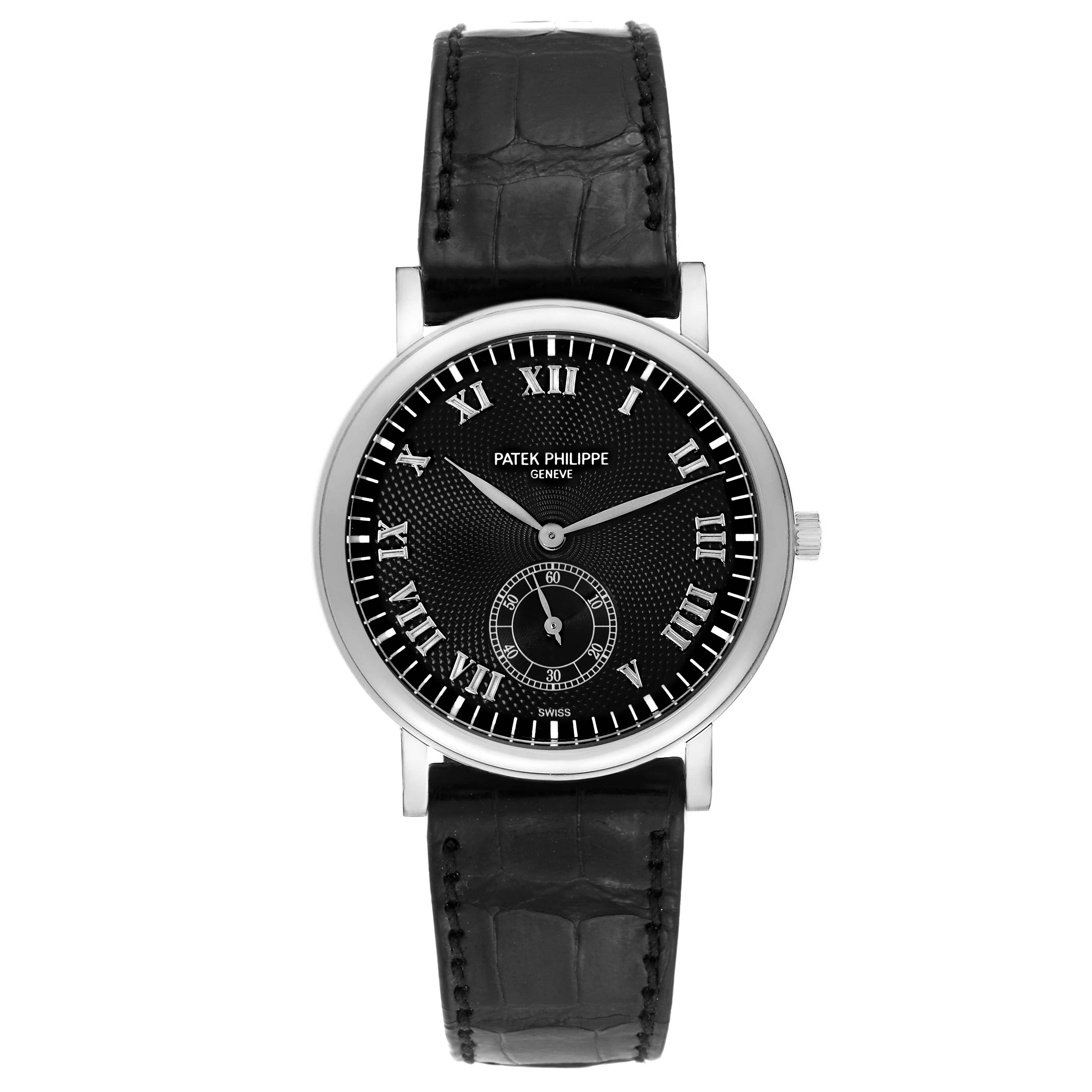 The image shows a frontal view of a Patek Philippe Calatrava 5022G Men's White Gold Black Dial 5022G Men's White Gold Black Dial watch, featuring a black dial with Roman numerals and a black leather strap.