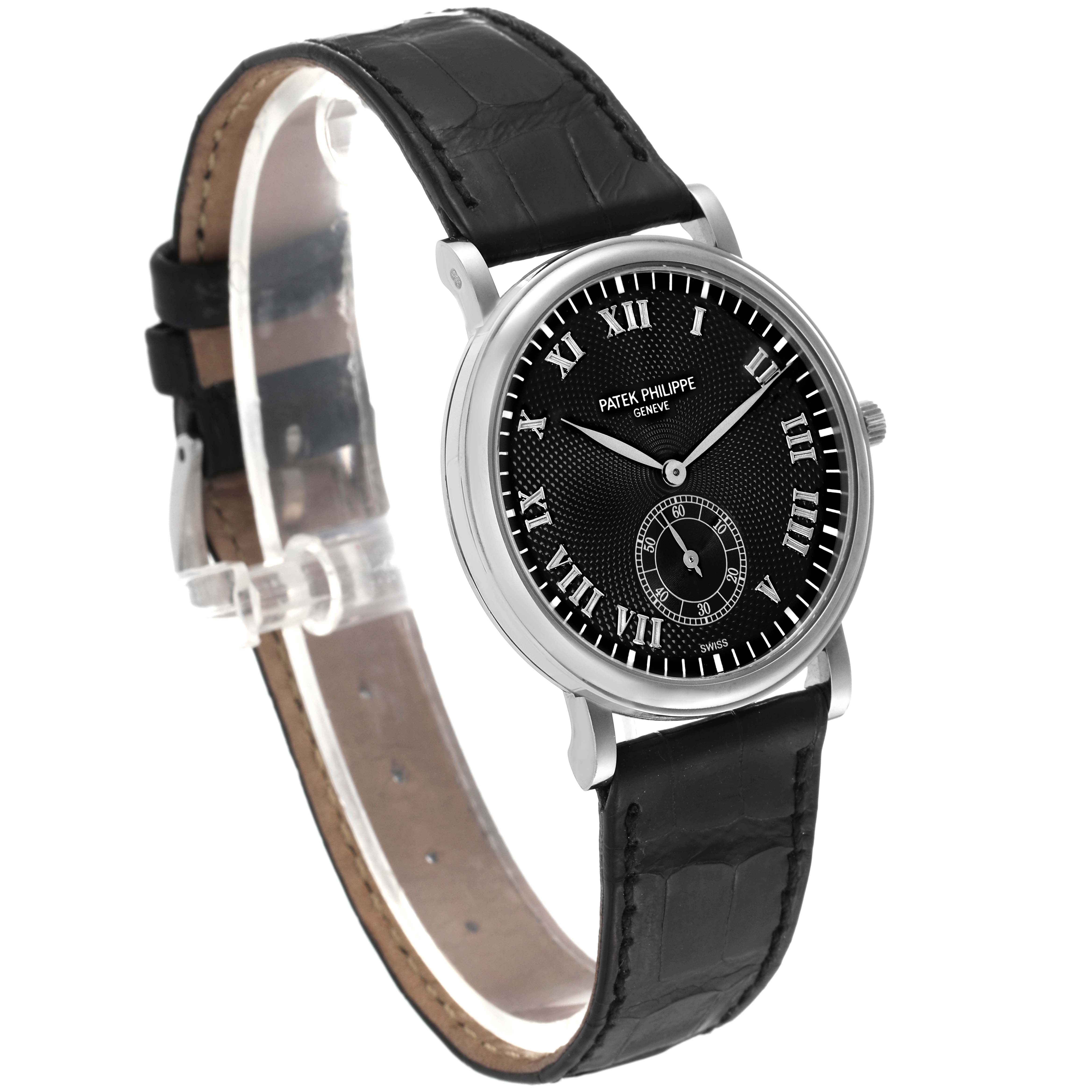 This image shows a Patek Philippe Calatrava 5022G Men's White Gold Black Dial 5022G Men's White Gold Black Dial watch at a slight angle, displaying its black dial, Roman numerals, and black leather strap.