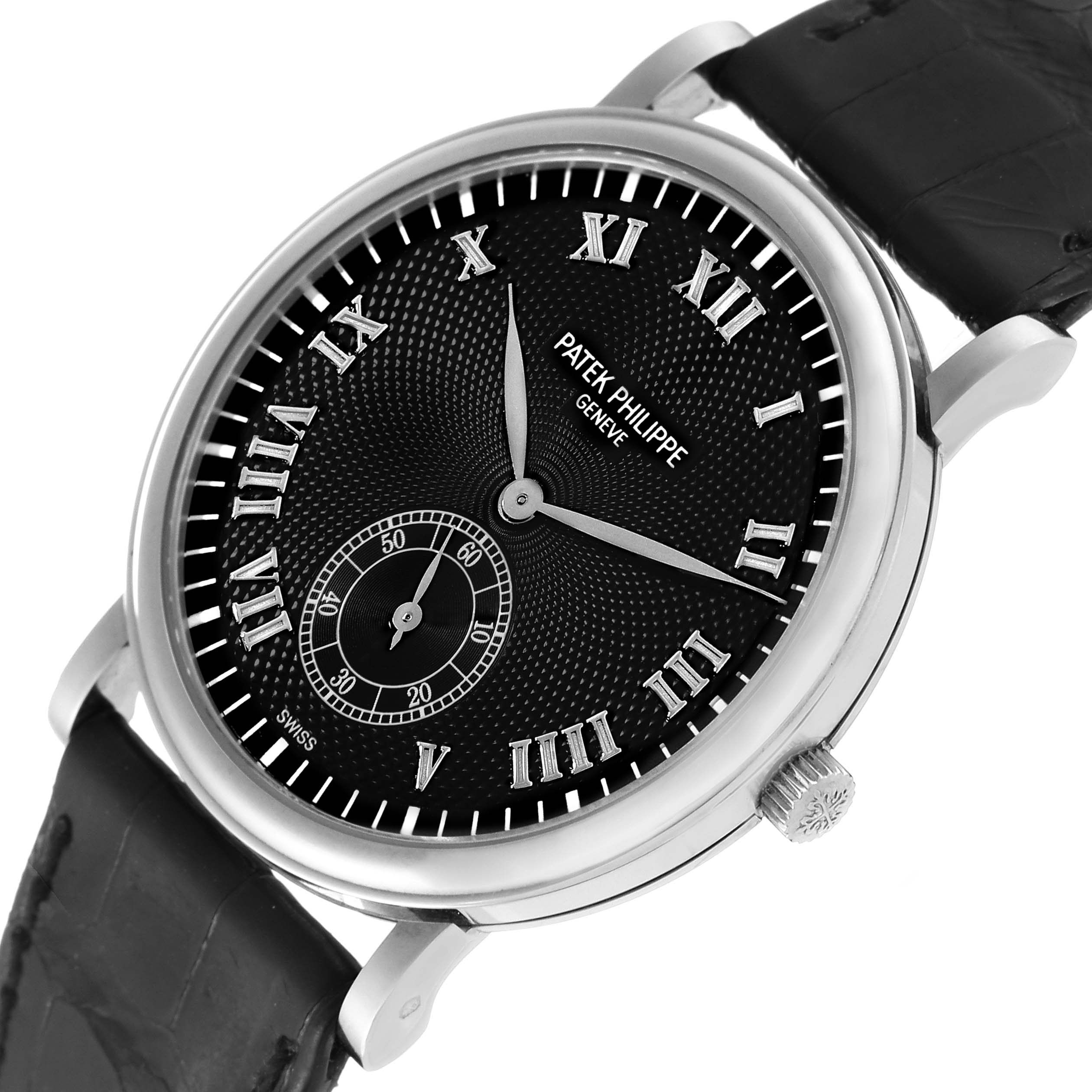 The image shows a Patek Philippe Calatrava 5022G Men's White Gold Black Dial 5022G Men's White Gold Black Dial watch at an angled side view, featuring its black dial, Roman numerals, and leather strap.