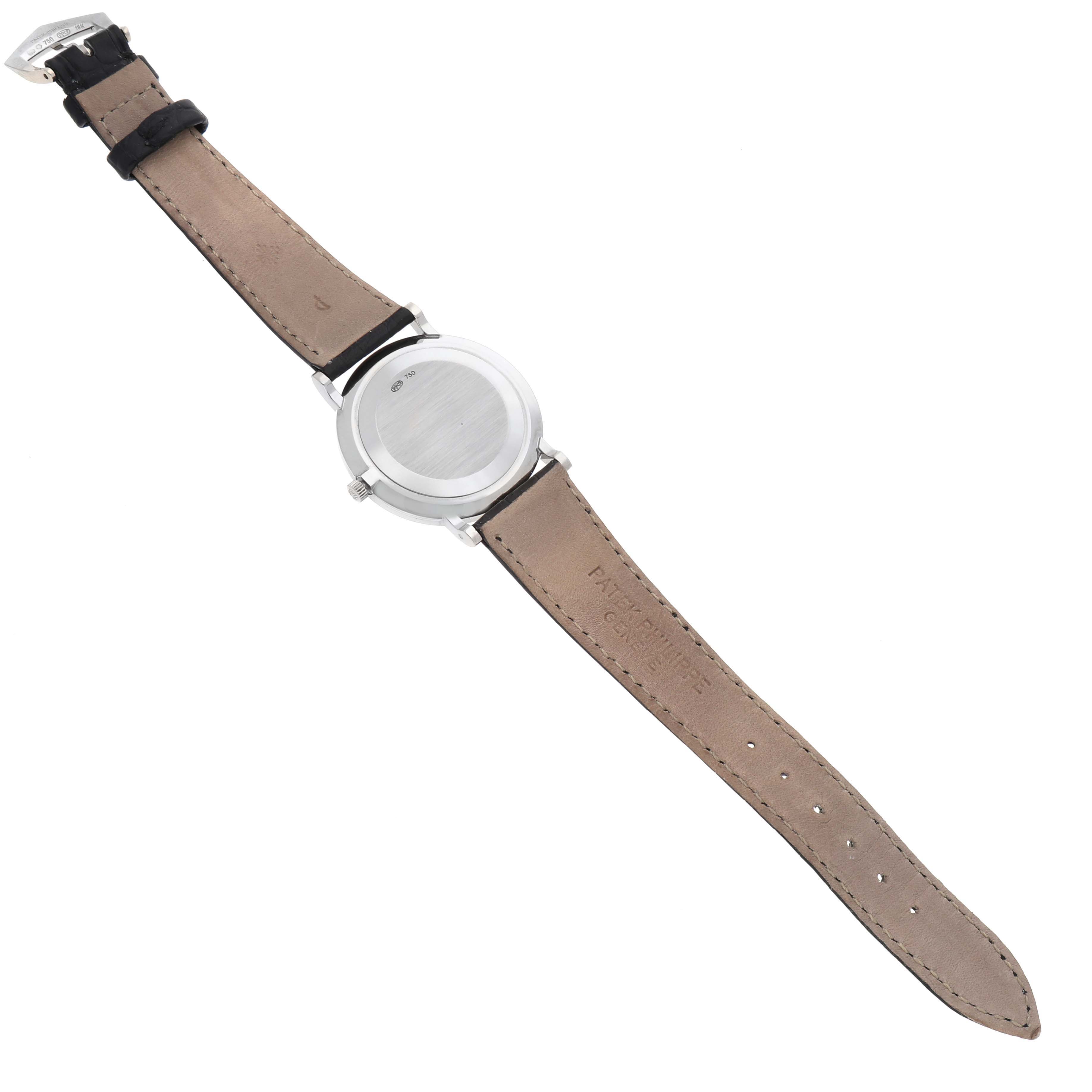 This image shows the back view of a Patek Philippe Calatrava 5022G Men's White Gold Black Dial 5022G Men's White Gold Black Dial watch, displaying its case back and leather strap.