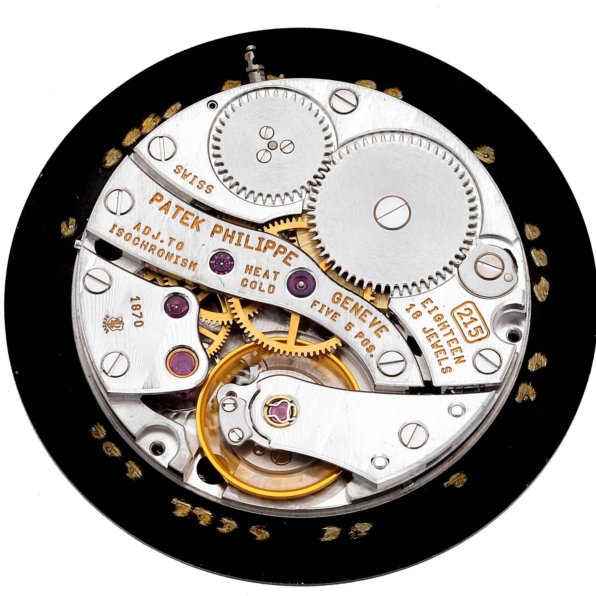 This image shows the intricate movement mechanism of the Patek Philippe Calatrava 5022G Men's White Gold Black Dial 5022G Men's White Gold Black Dial watch, highlighting its gears and jewels.