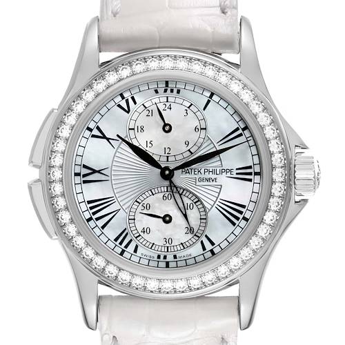 The Patek Philippe Calatrava 4934G-001 Women's White Gold Mother of Pearl Dial is shown from a front angle, highlighting its bezel, dial, and subdials.