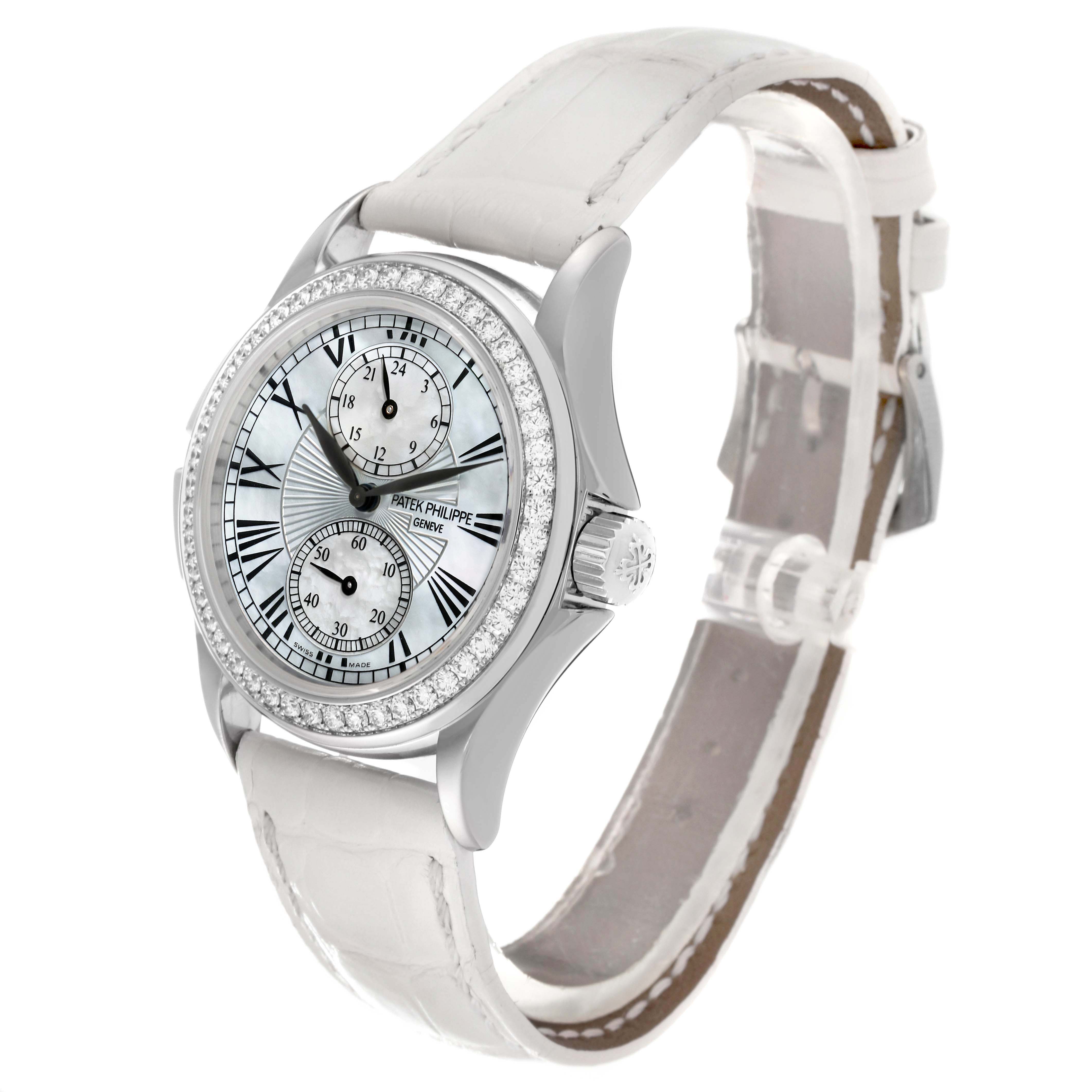 The image shows a frontal side angle of the Patek Philippe Calatrava 4934G-001 Women's White Gold Mother of Pearl Dial 4934G-001 Women's White Gold Mother of Pearl Dial watch, highlighting the dial, bezel, and strap.