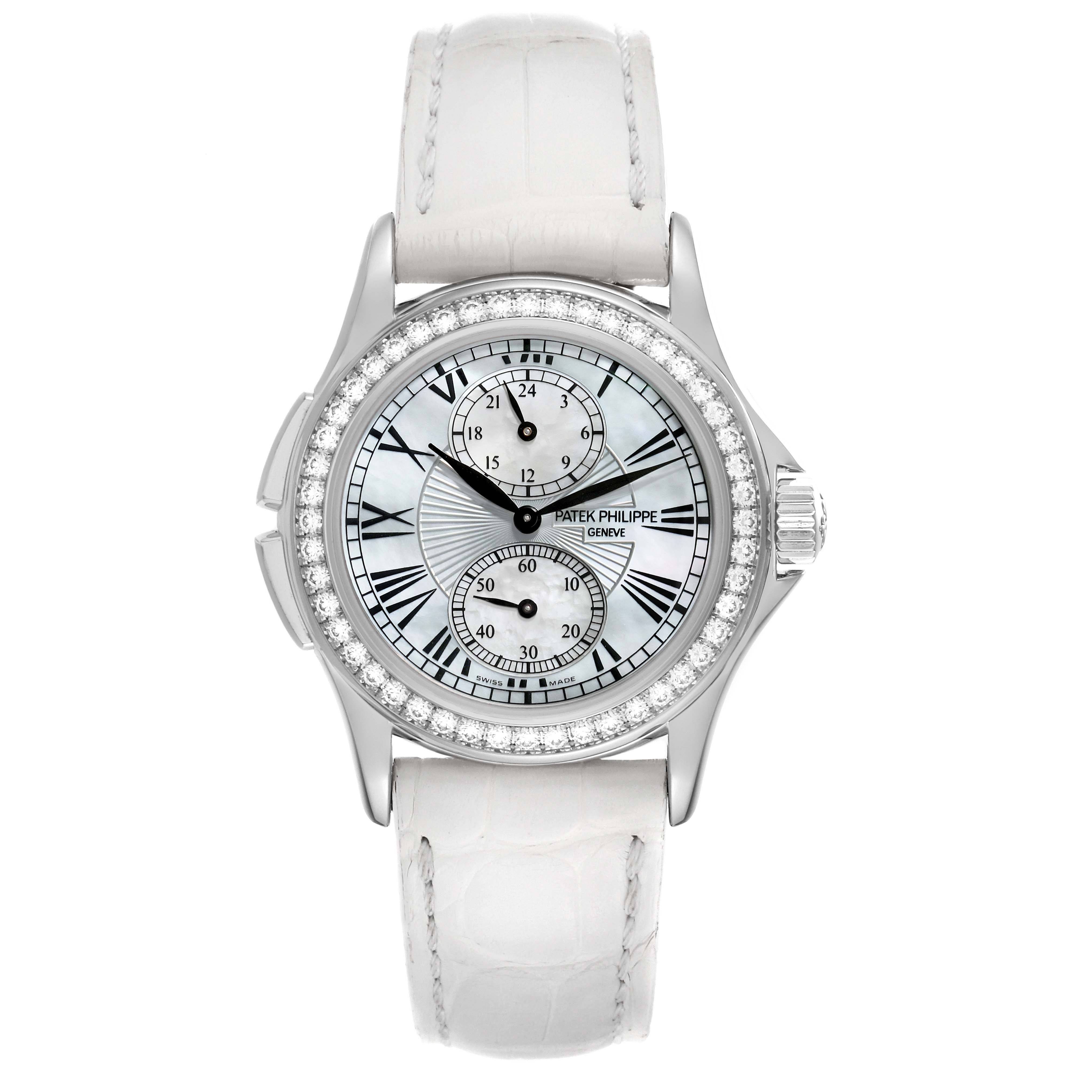 The image shows a frontal view of a Patek Philippe Calatrava 4934G-001 Women's White Gold Mother of Pearl Dial 4934G-001 Women's White Gold Mother of Pearl Dial watch, displaying its face, bezel, and white strap.