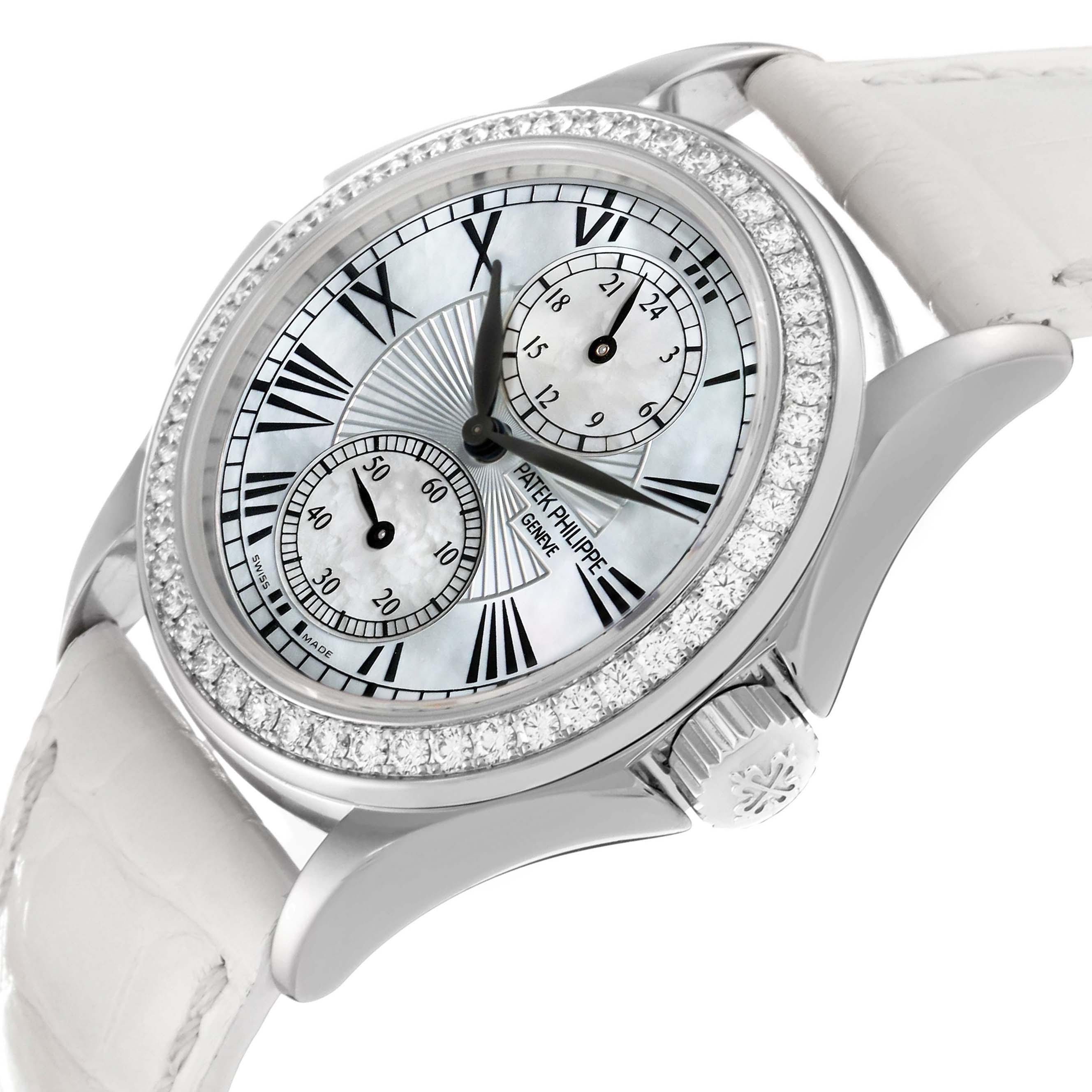 The Patek Philippe Calatrava 4934G-001 Women's White Gold Mother of Pearl Dial 4934G-001 Women's White Gold Mother of Pearl Dial watch is shown at a slight side angle, highlighting the dial, bezel, and part of the strap.