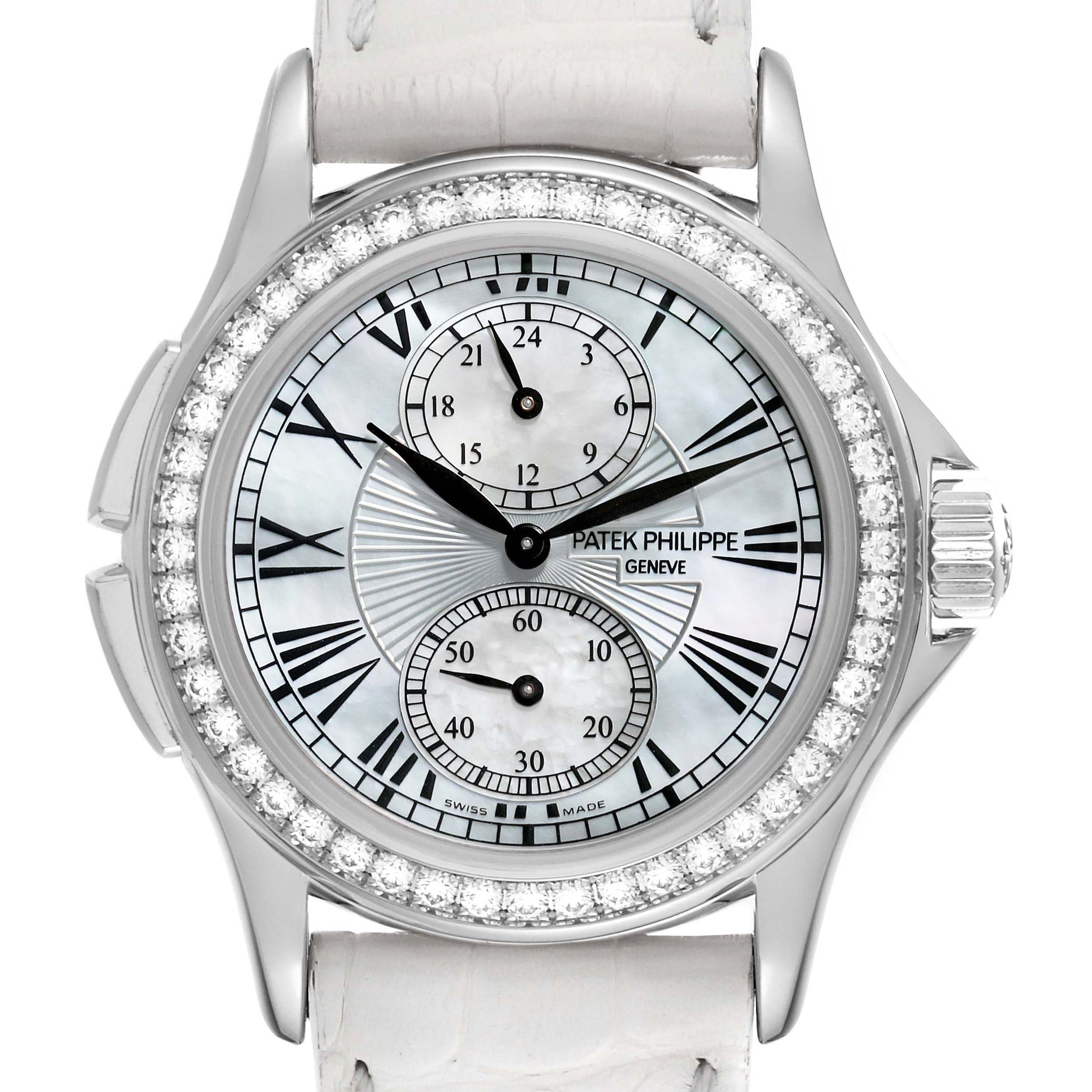 The image shows a frontal view of a Calatrava model by Patek Philippe, displaying the dial and watch face details.