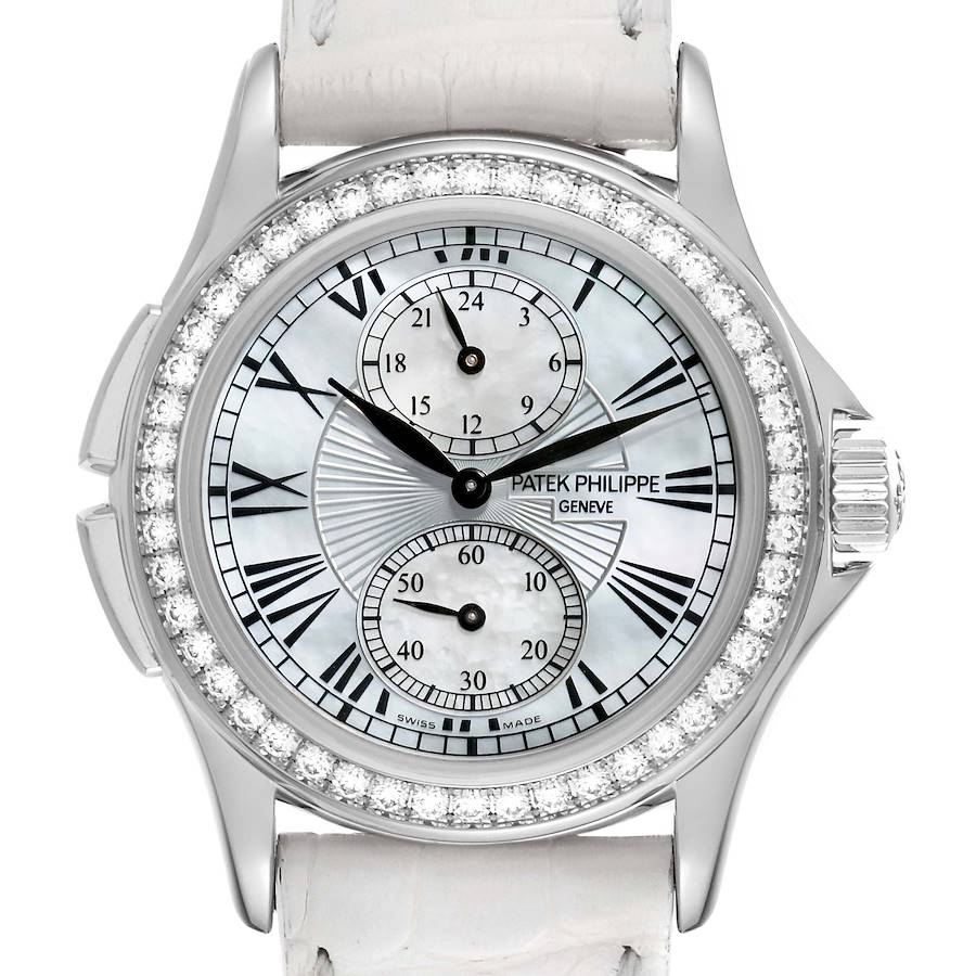 Patek Philippe Calatrava Travel Time White Gold Mother of Pearl Diamond Ladies Watch 4934 SwissWatchExpo