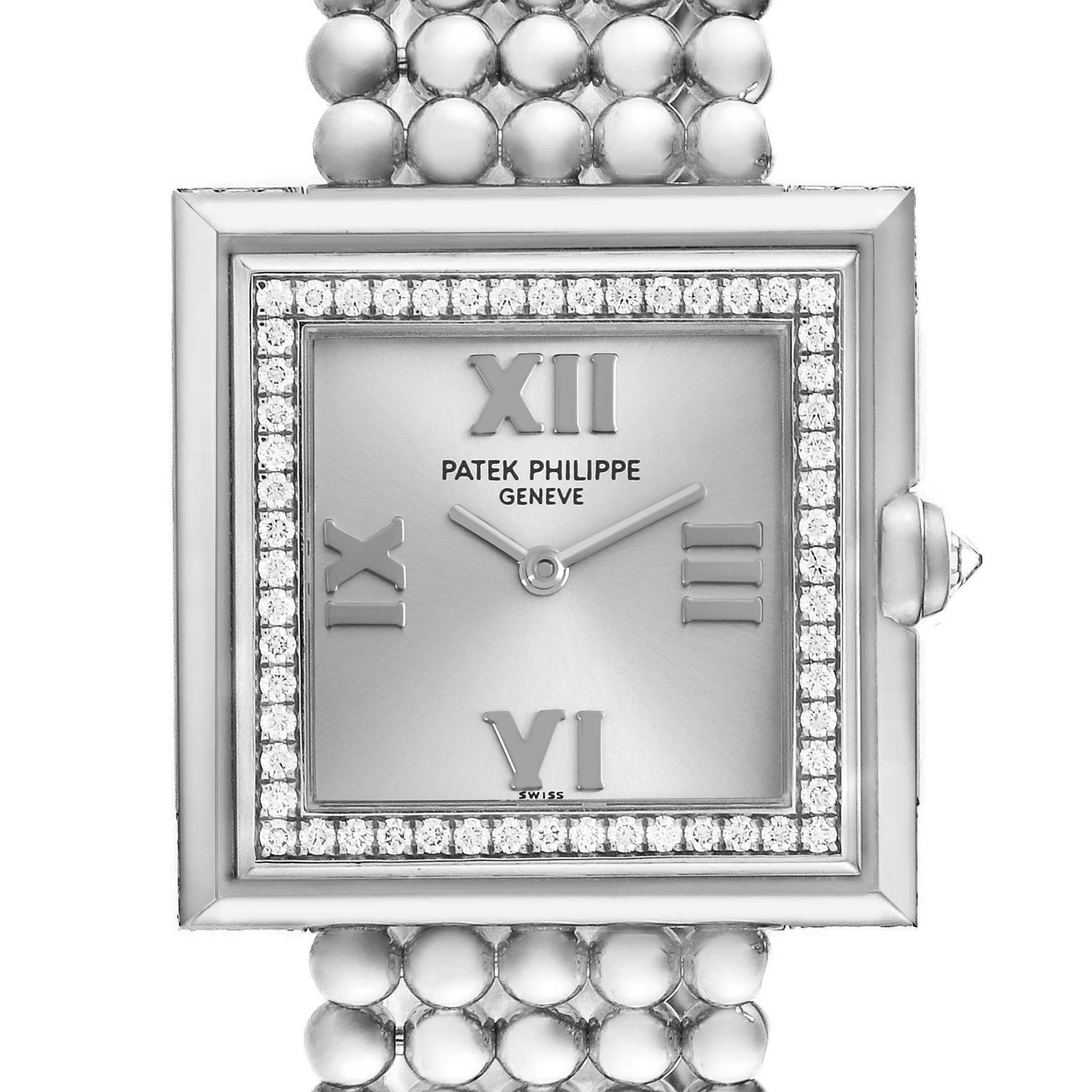 The image shows a front view of the Patek Philippe Gondolo 4868/001 Women's White Gold White Dial 4868/001 Women's White Gold White Dial watch, highlighting its square face, Roman numerals, and diamond bezel.